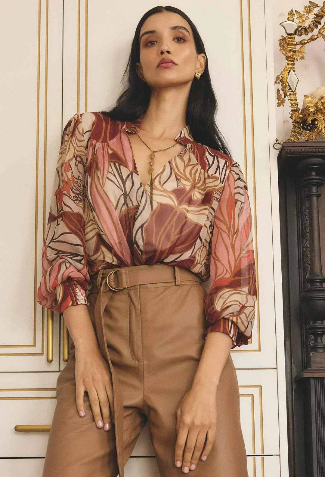 Once Was Freya Sheer Blouse Embellished Neck Cathedral Botanic
