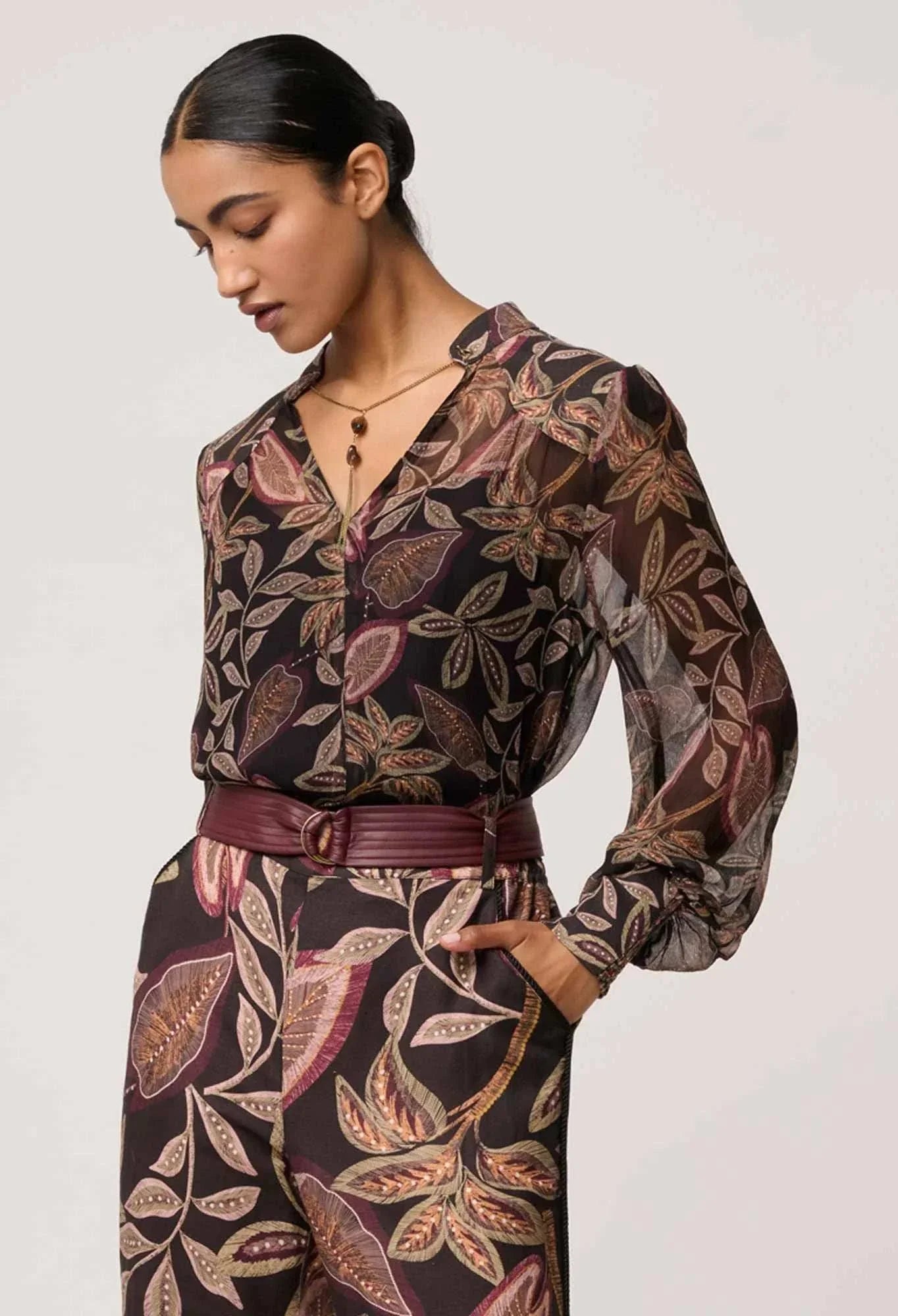 Once Was Freya Sheer Viscose Blouse with Embellished Neck Dark Tropique