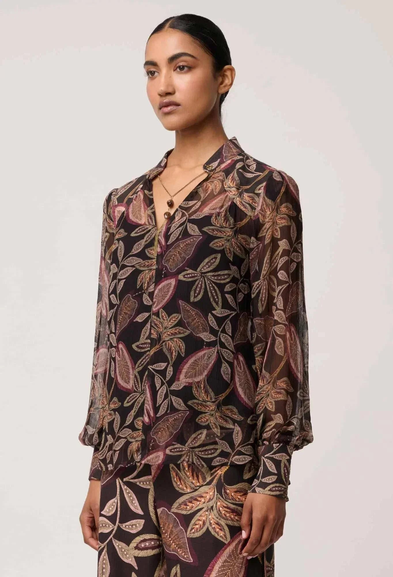Once Was Freya Sheer Viscose Blouse with Embellished Neck Dark Tropique