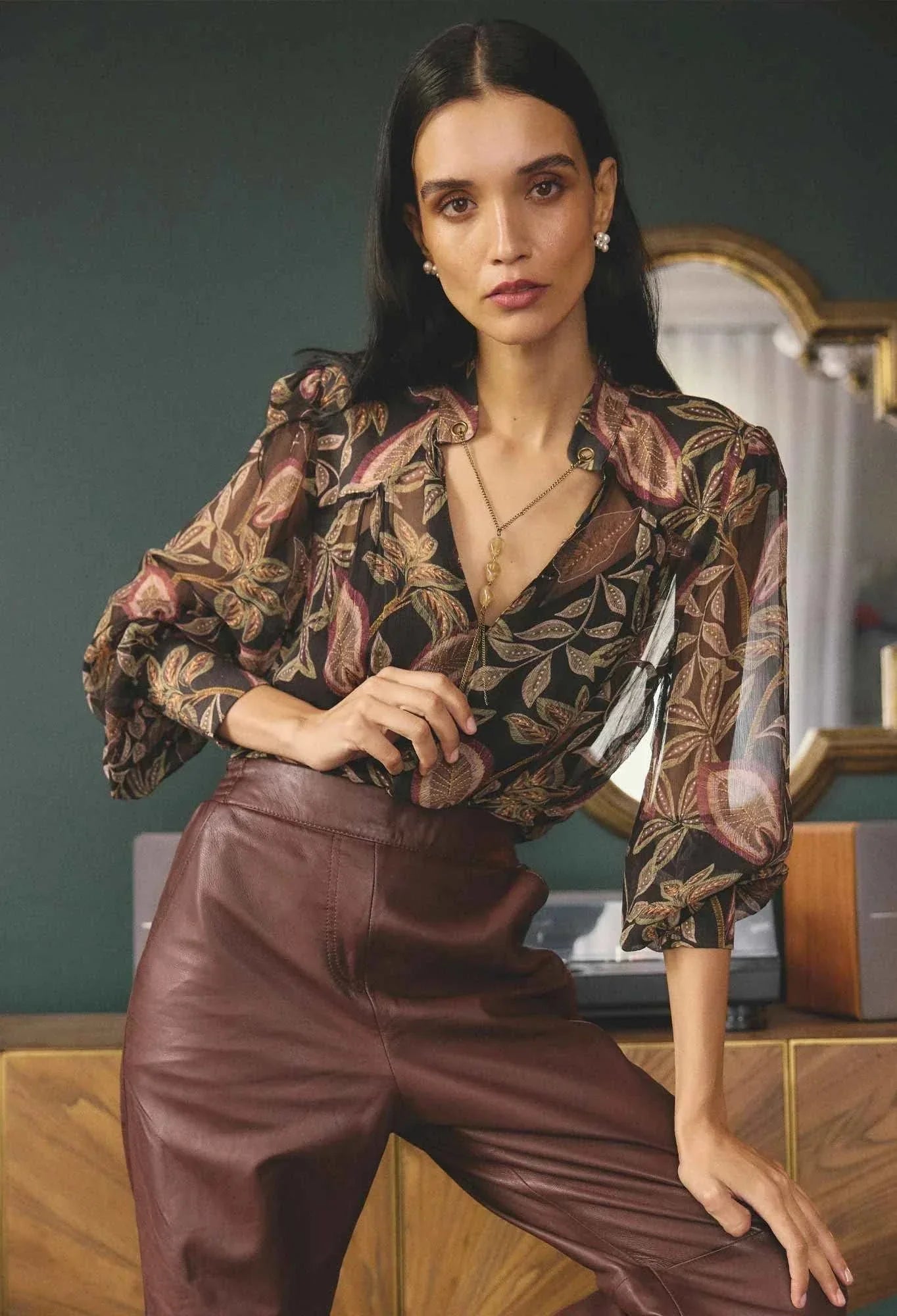 Once Was Freya Sheer Viscose Blouse with Embellished Neck Dark Tropique