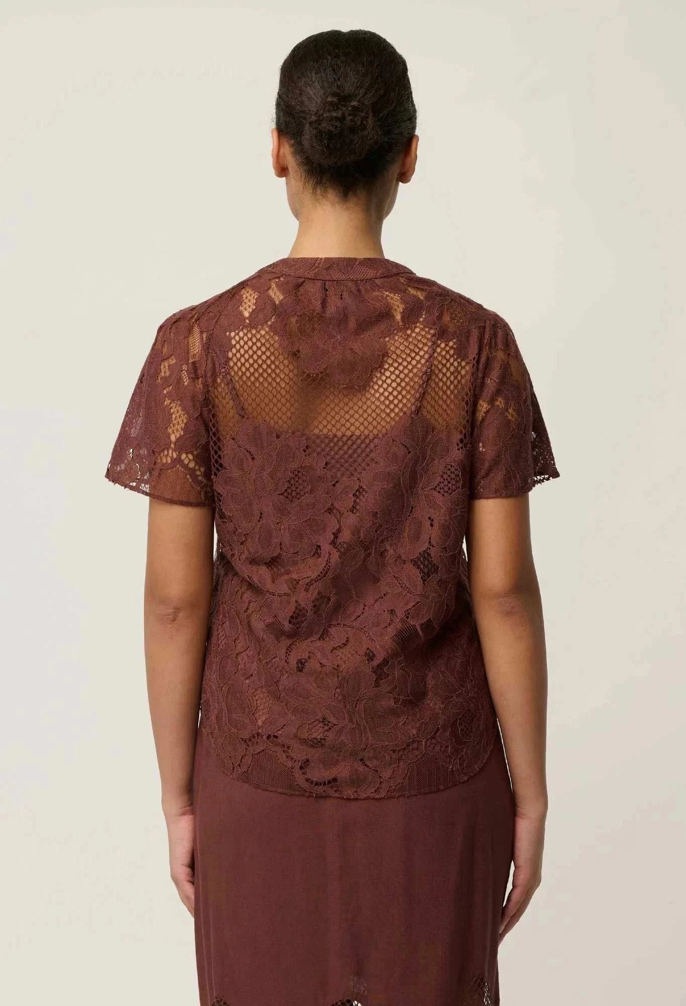 Once Was Solene Cotton Blend Lace Short Sleeve Rosewood