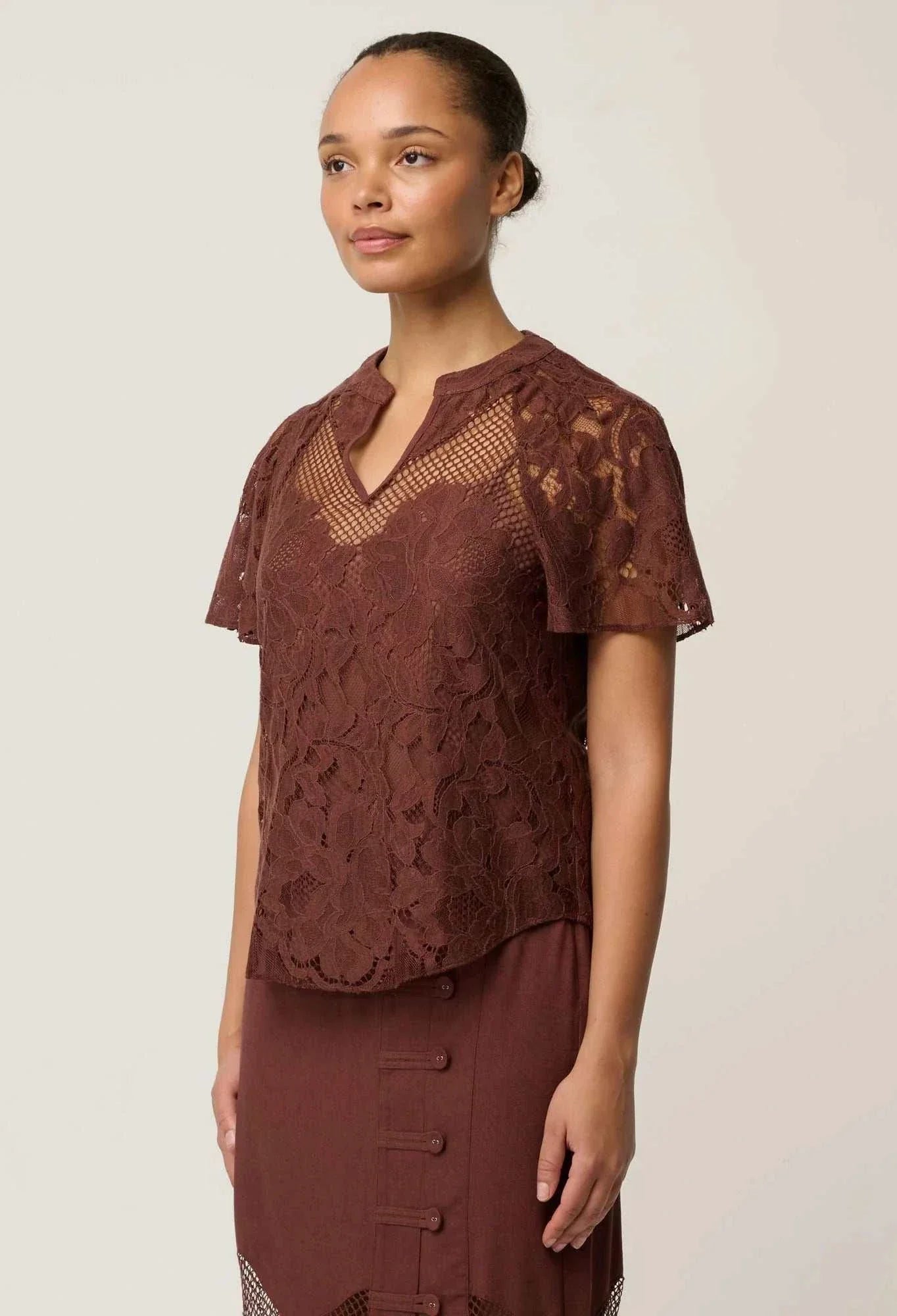 Once Was Solene Cotton Blend Lace Short Sleeve Rosewood