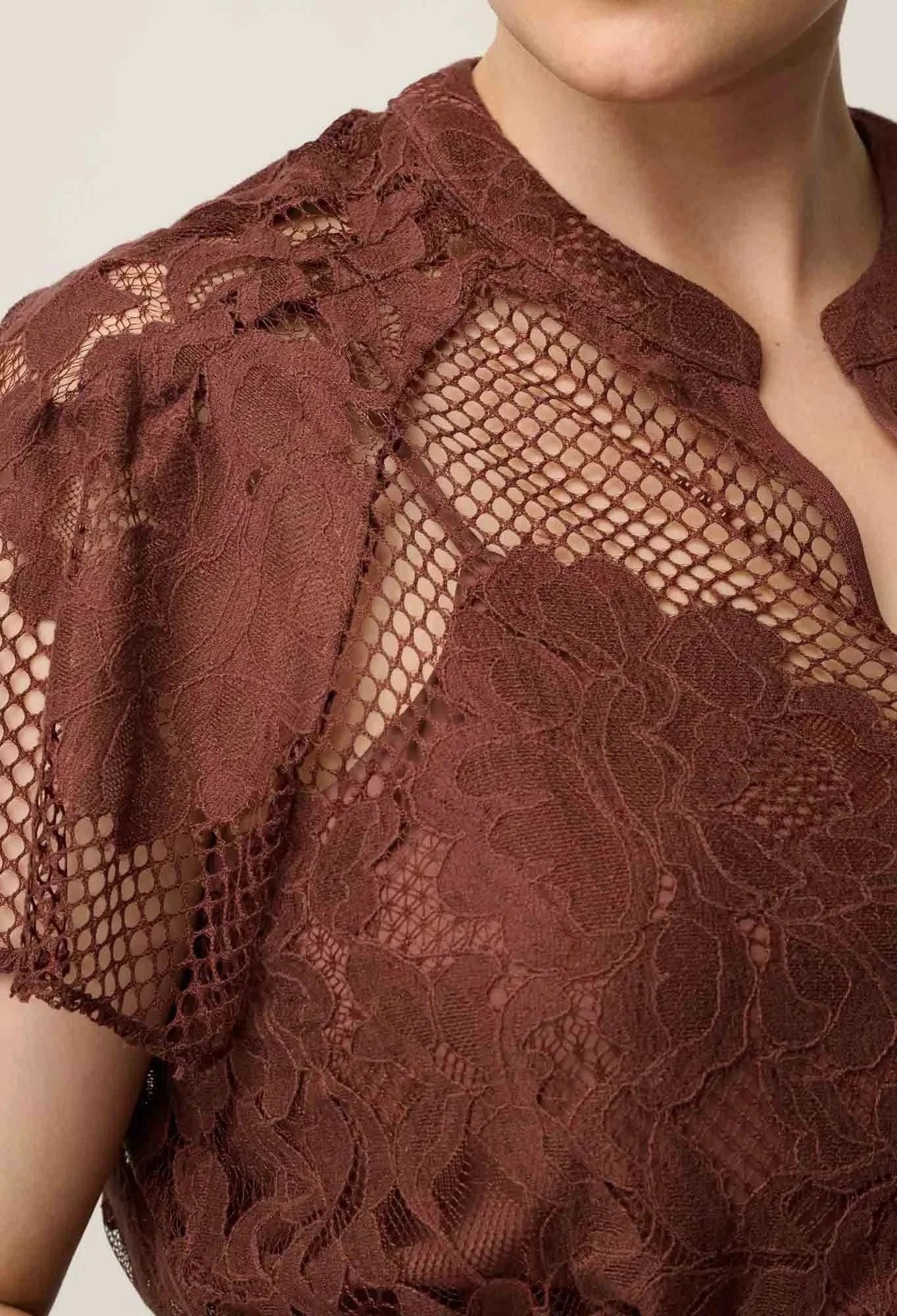 Once Was Solene Cotton Blend Lace Short Sleeve Rosewood