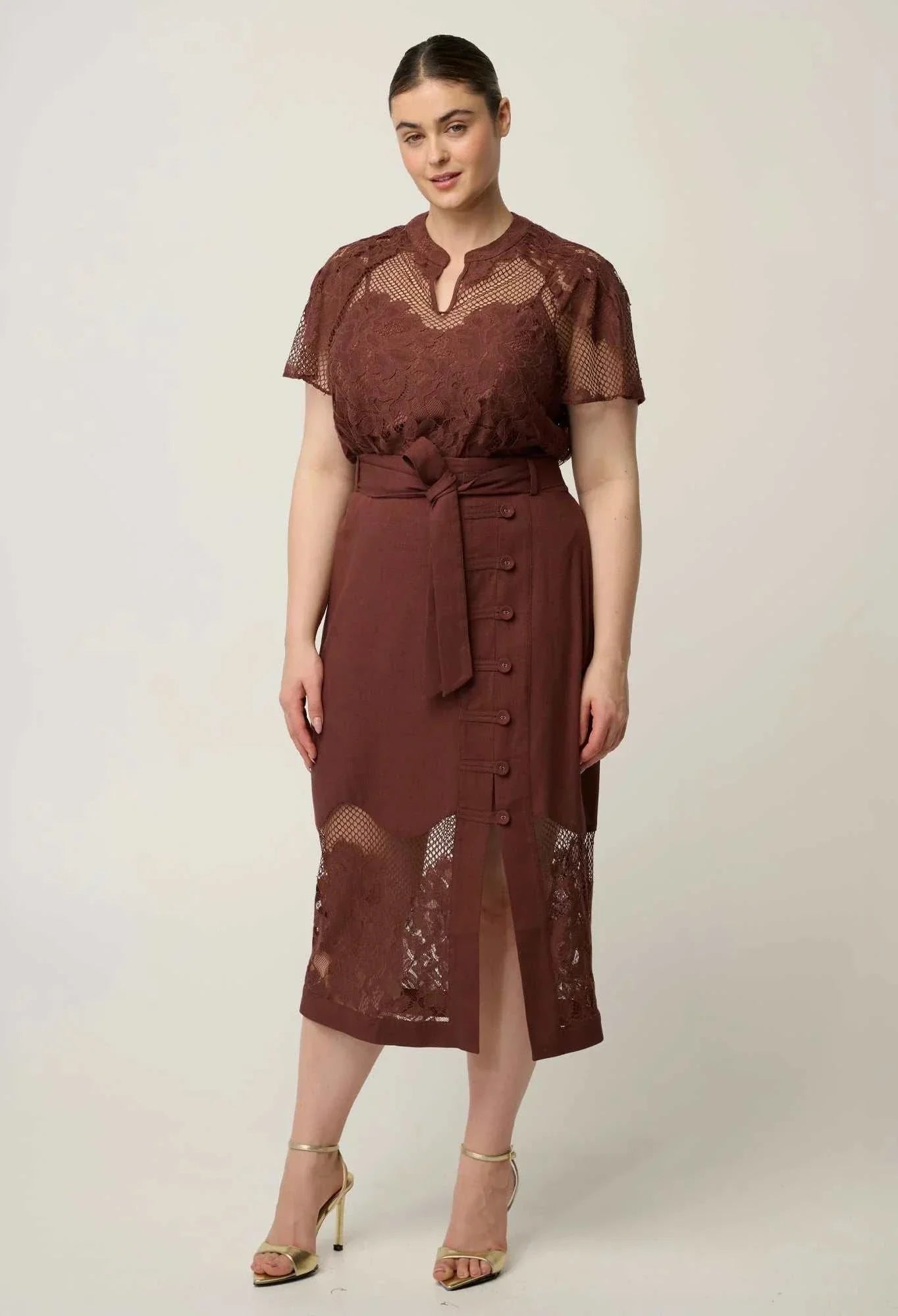 Once Was Solene Cotton Blend Lace Short Sleeve Rosewood