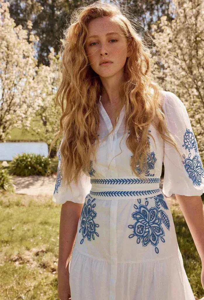 Once Was Gabriette Placement Embroidered Cotton Slub Dress
