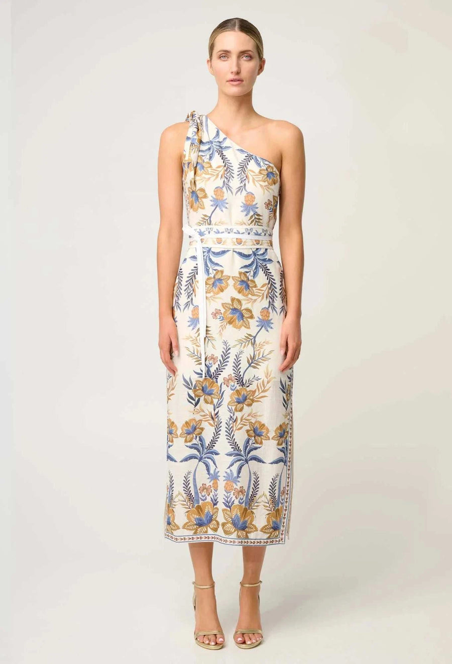 Once Was Amira One Shoulder Linen Viscose Dress Golden Medina