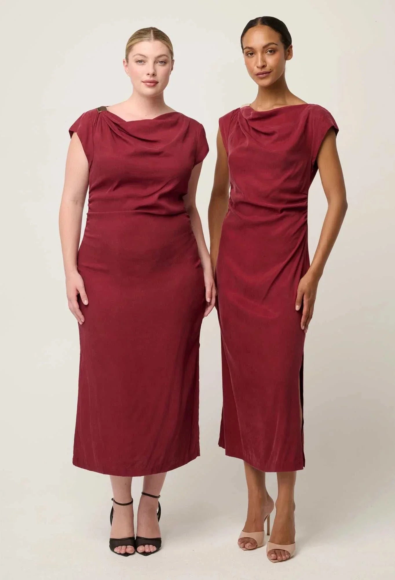 Once Was Monique Draped Neck Gold Column Dress Ruby