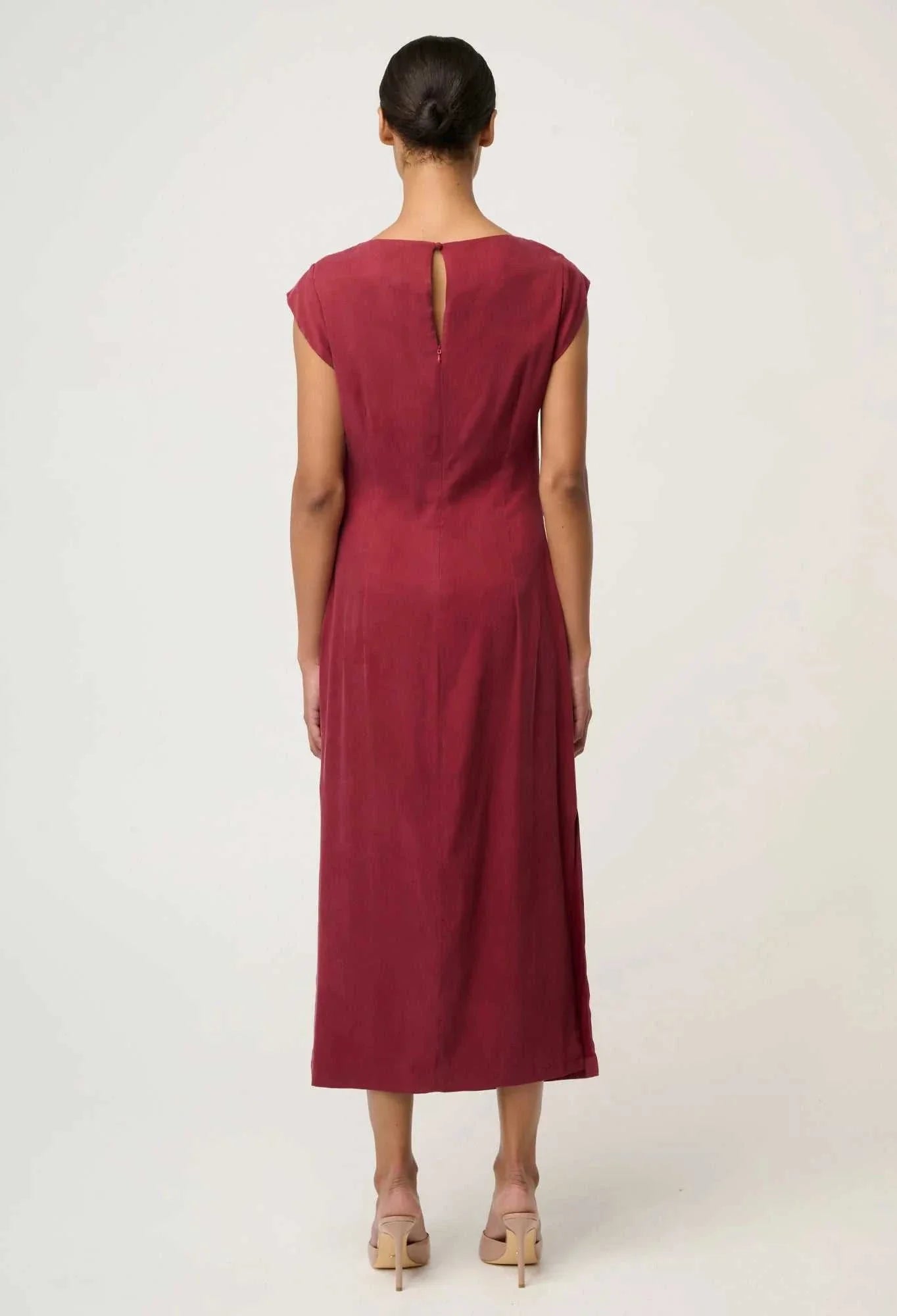 Once Was Monique Draped Neck Gold Column Dress Ruby