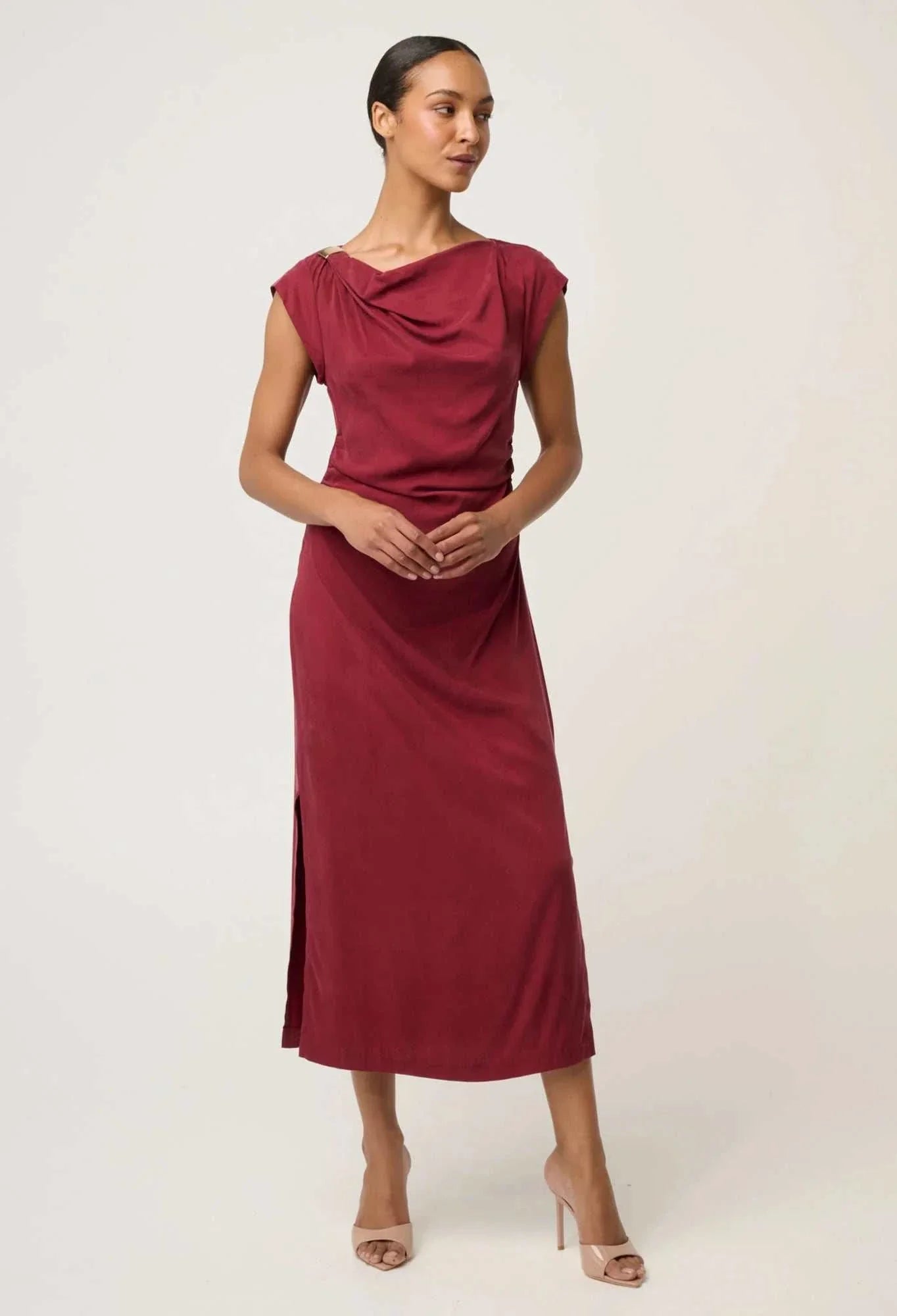 Once Was Monique Draped Neck Gold Column Dress Ruby