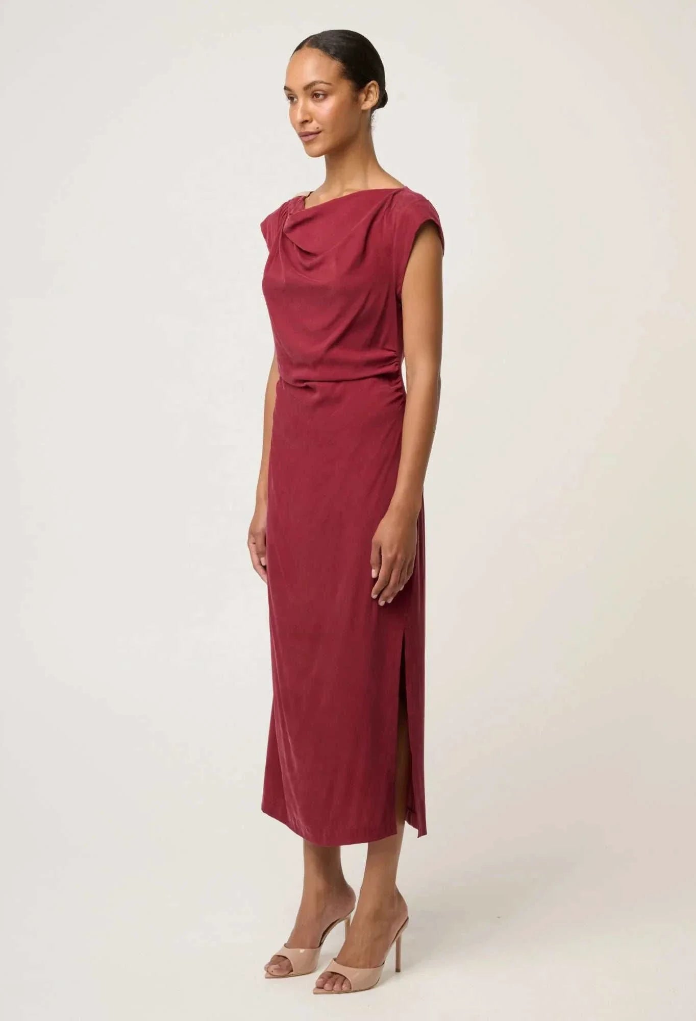 Once Was Monique Draped Neck Gold Column Dress Ruby