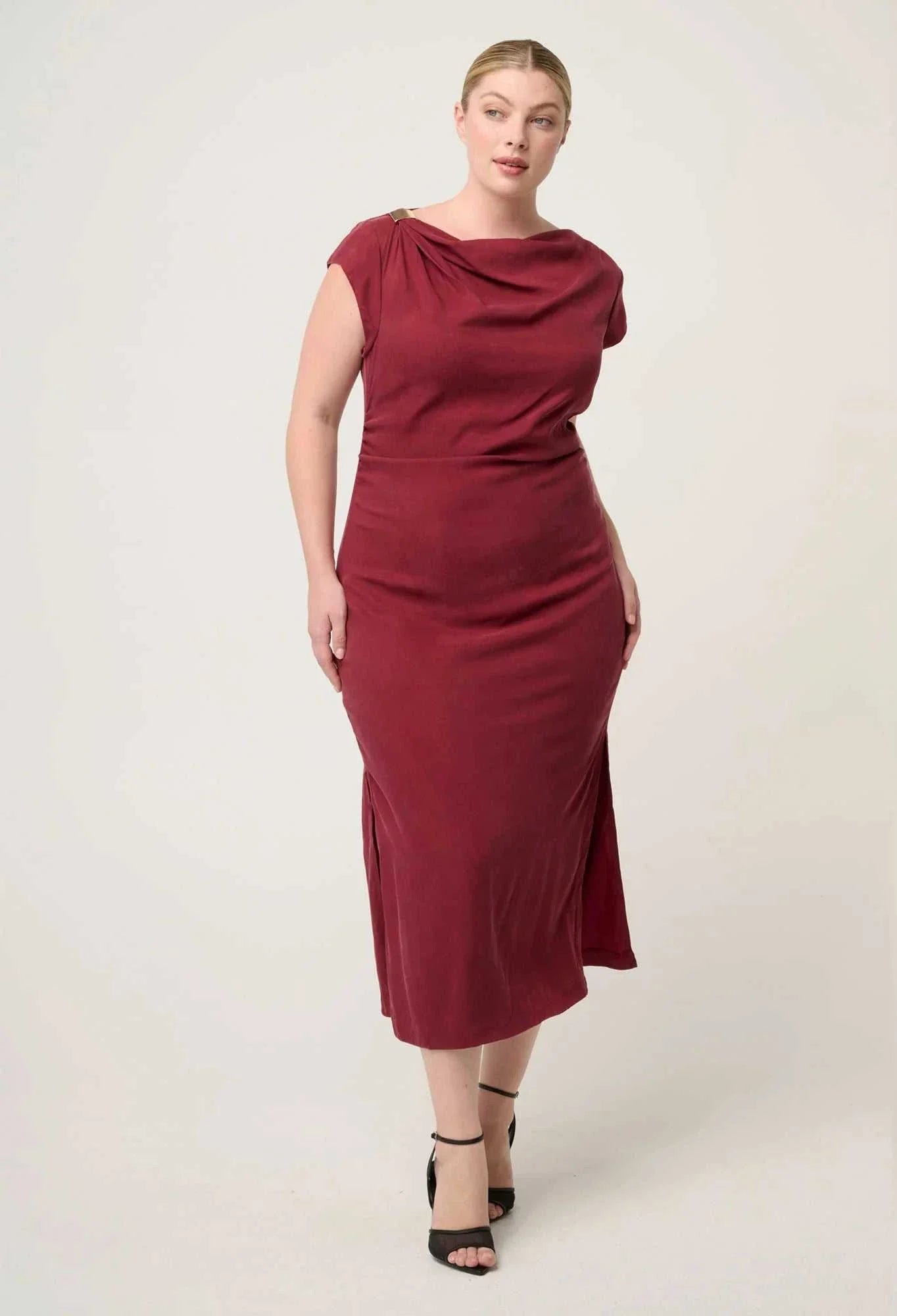 Once Was Monique Draped Neck Gold Column Dress Ruby