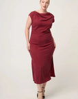 Once Was Monique Draped Neck Gold Column Dress Ruby