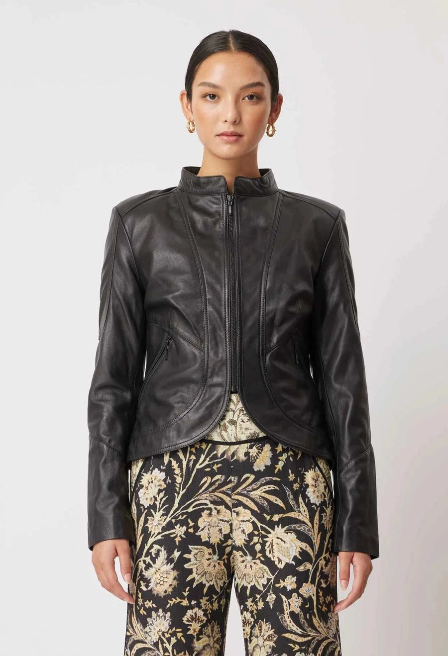 Harmony Curved Hem Leather Jacket Black