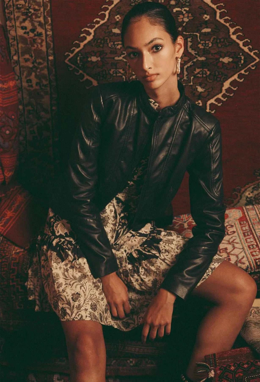 Harmony Curved Hem Leather Jacket Black
