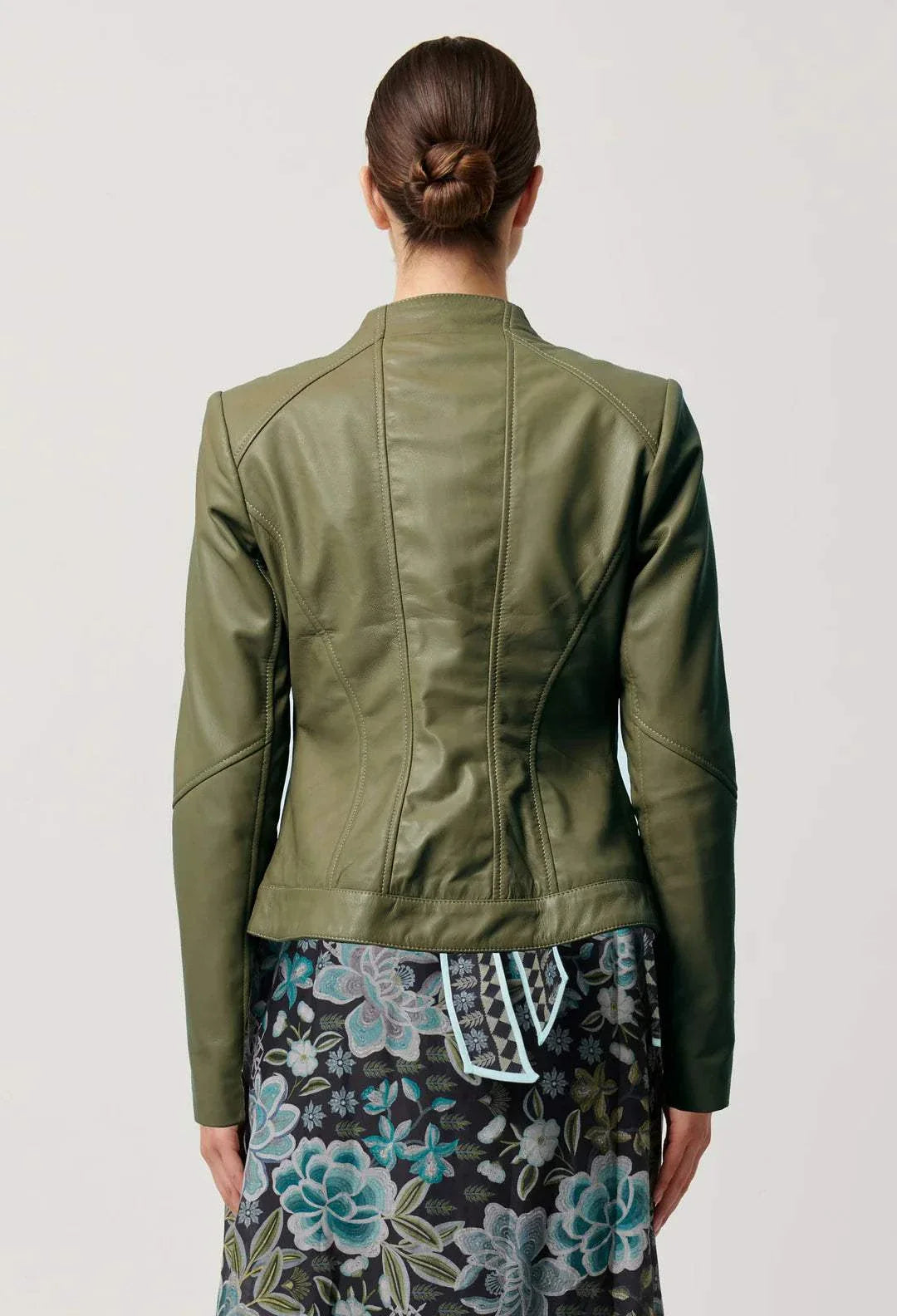 Once Was Nova Leather curved Hem Jacket Moss