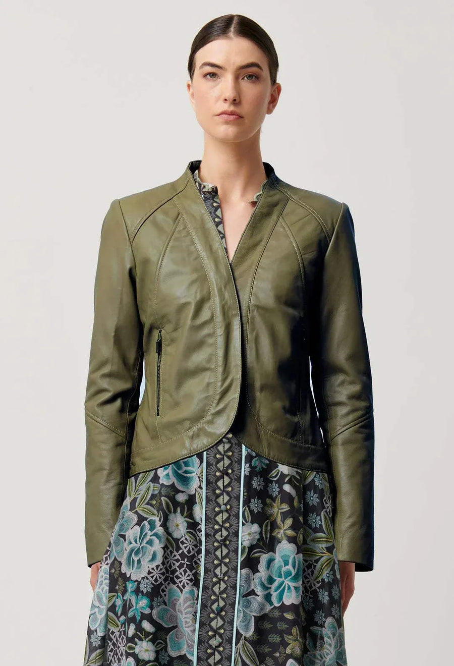 Once Was Nova Leather curved Hem Jacket Moss