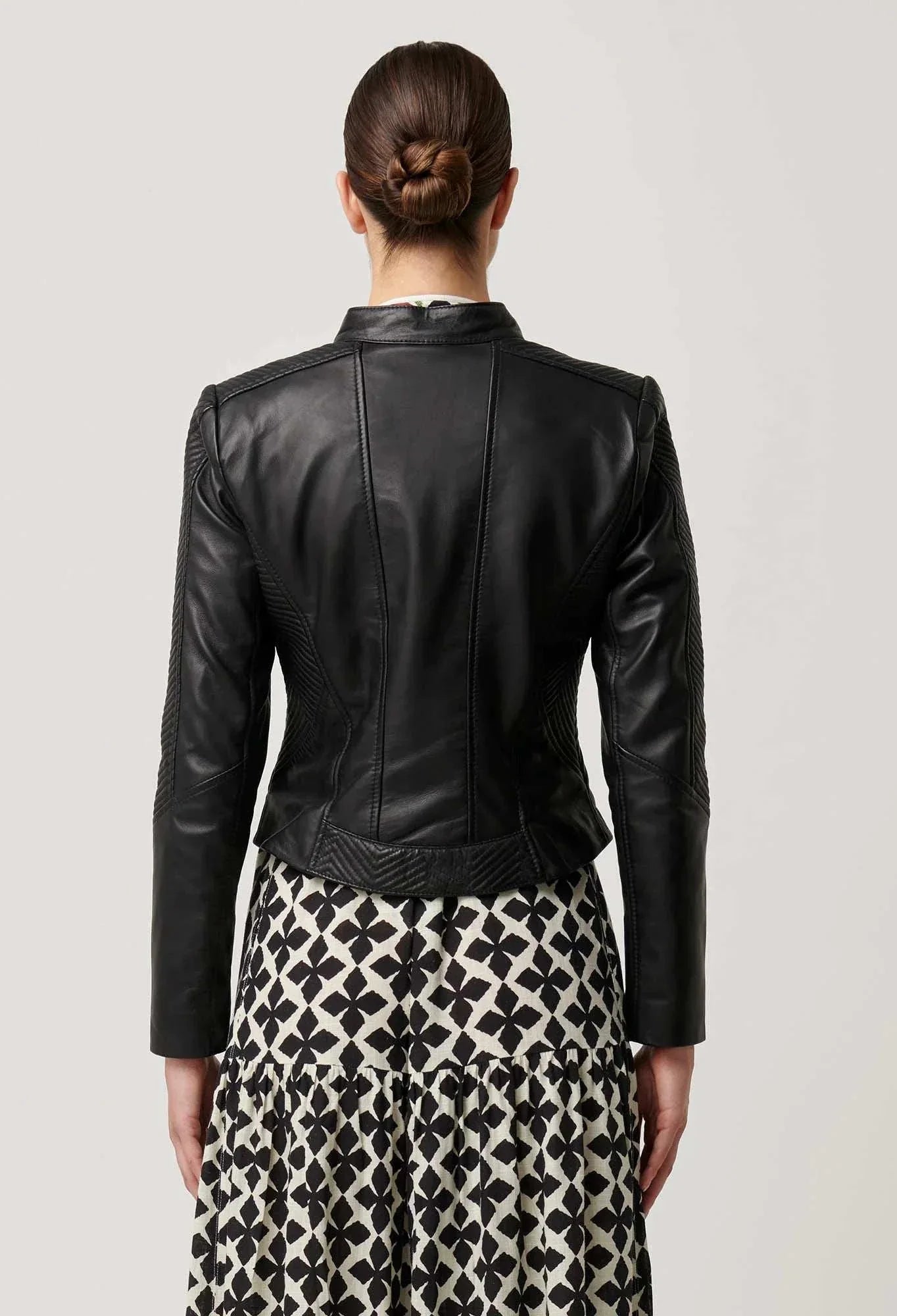 Once Was Blaire Leather Herringbone Stitch Jacket Black