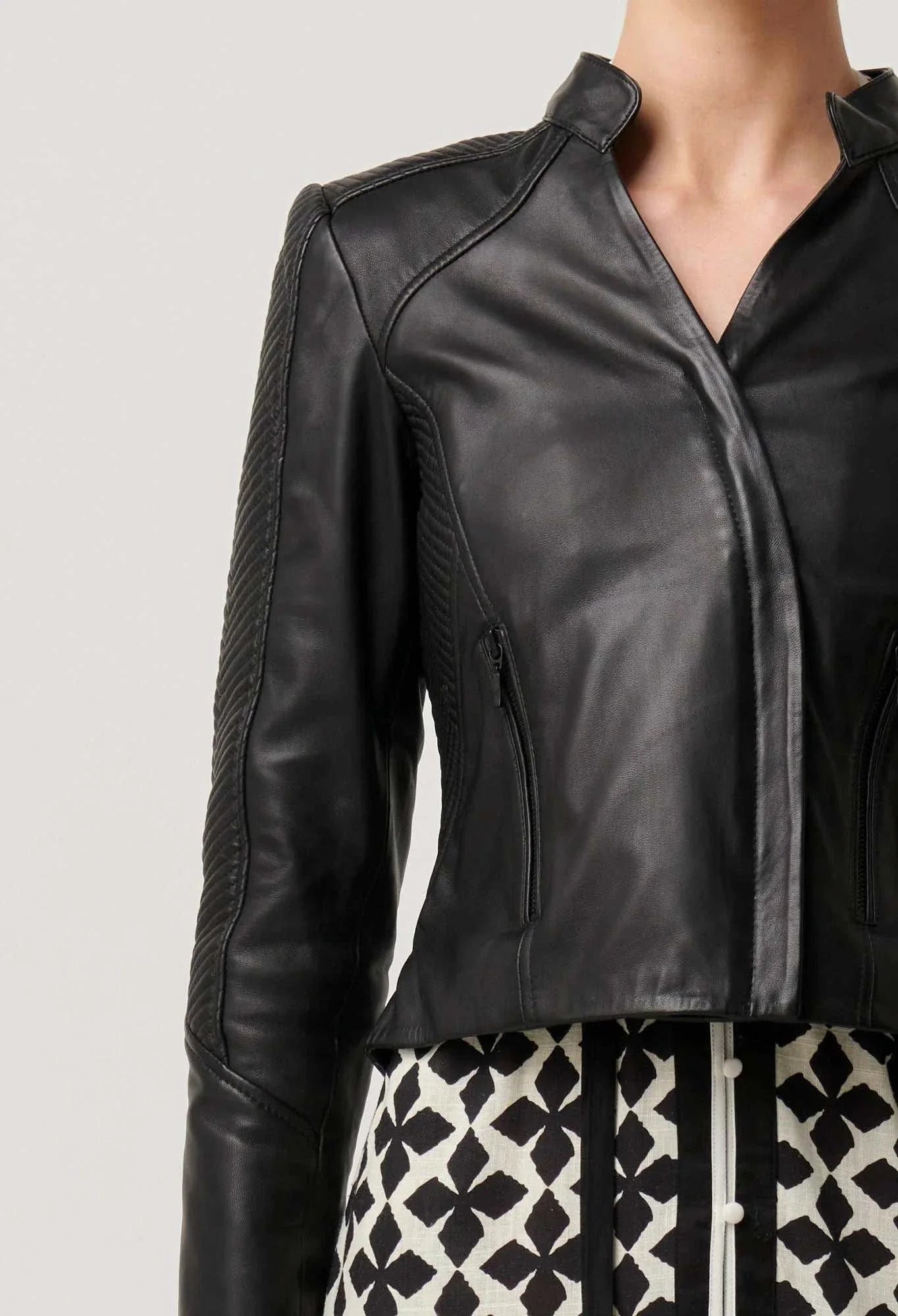 Once Was Blaire Leather Herringbone Stitch Jacket Black