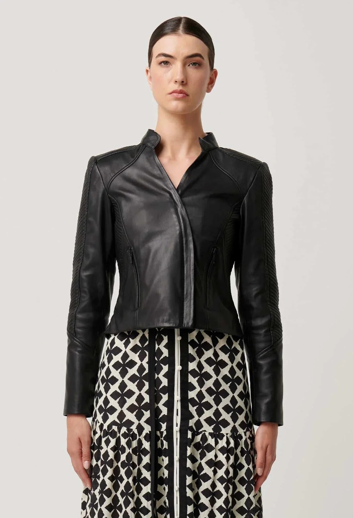 Once Was Blaire Leather Herringbone Stitch Jacket Black