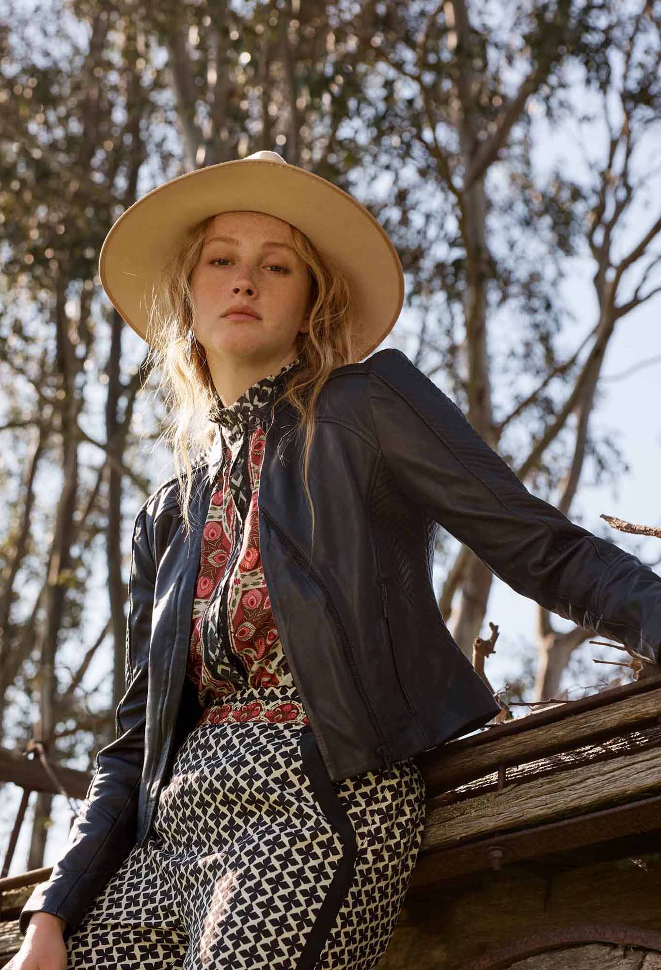 Once Was Blaire Leather Herringbone Stitch Jacket Black