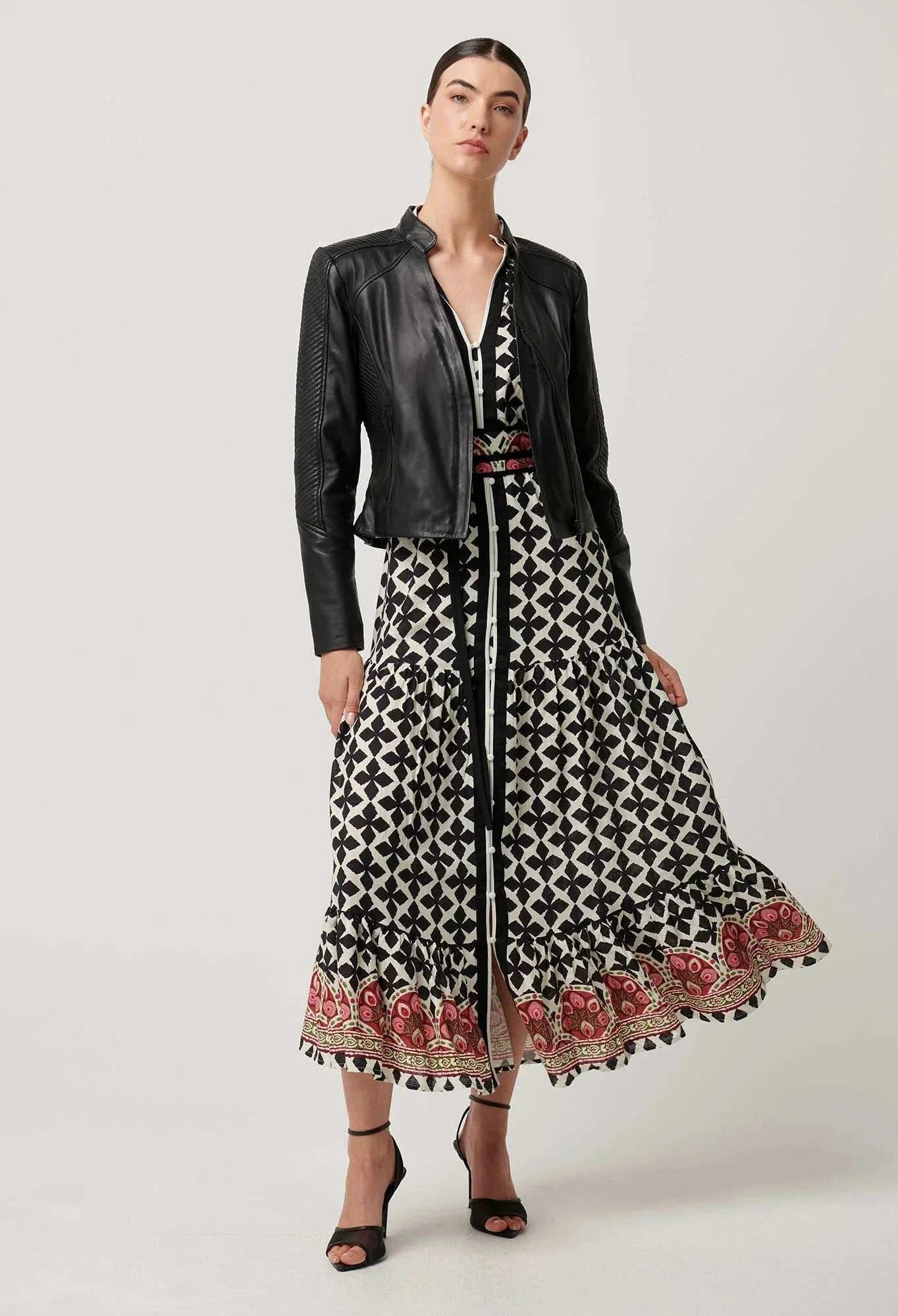 Once Was Blaire Leather Herringbone Stitch Jacket Black