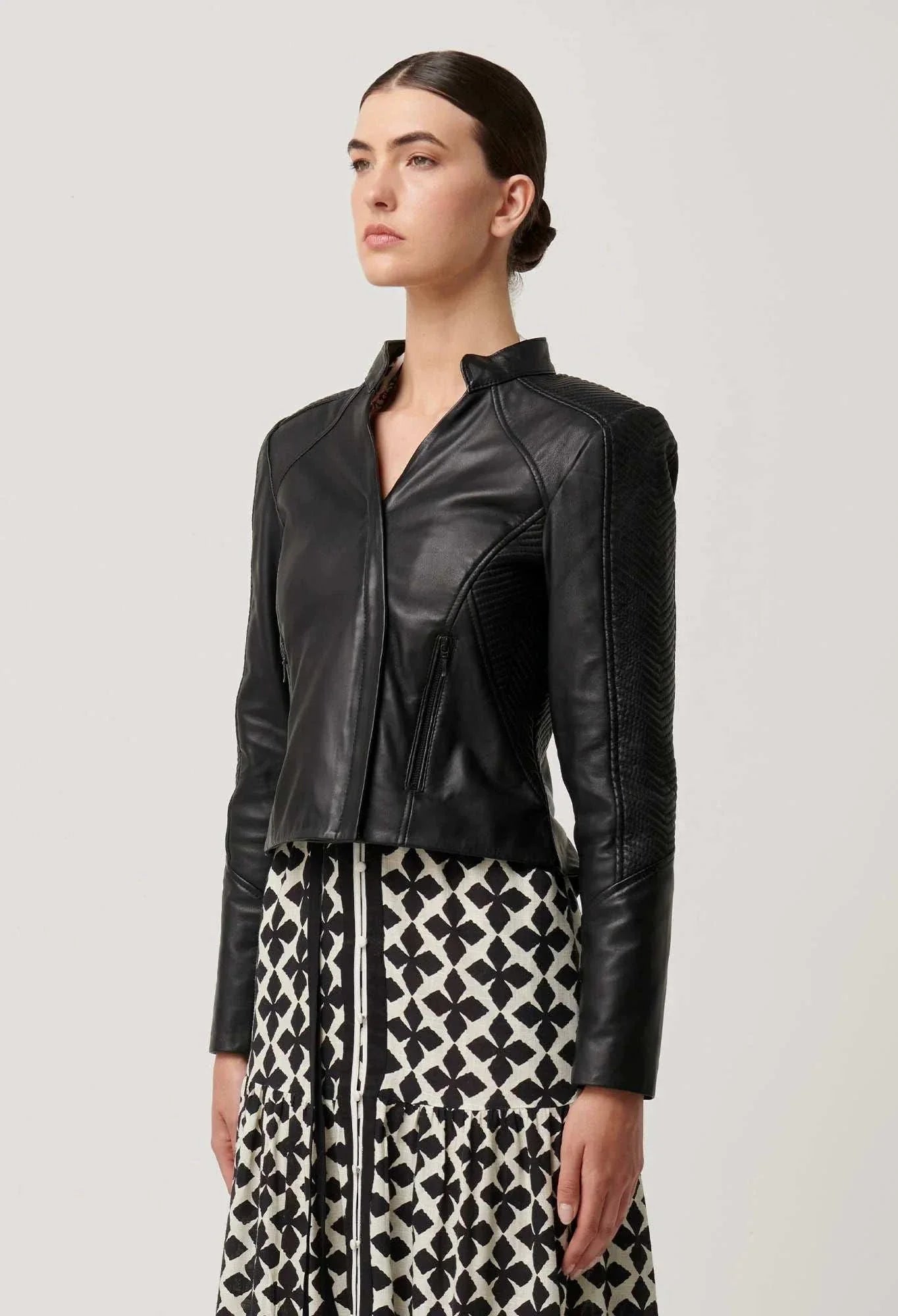 Once Was Blaire Leather Herringbone Stitch Jacket Black