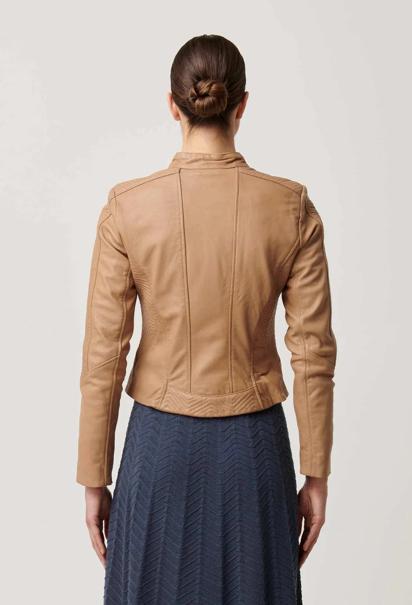 Once Was Blaire Leather Herringbone Stitch Jacket Wheat