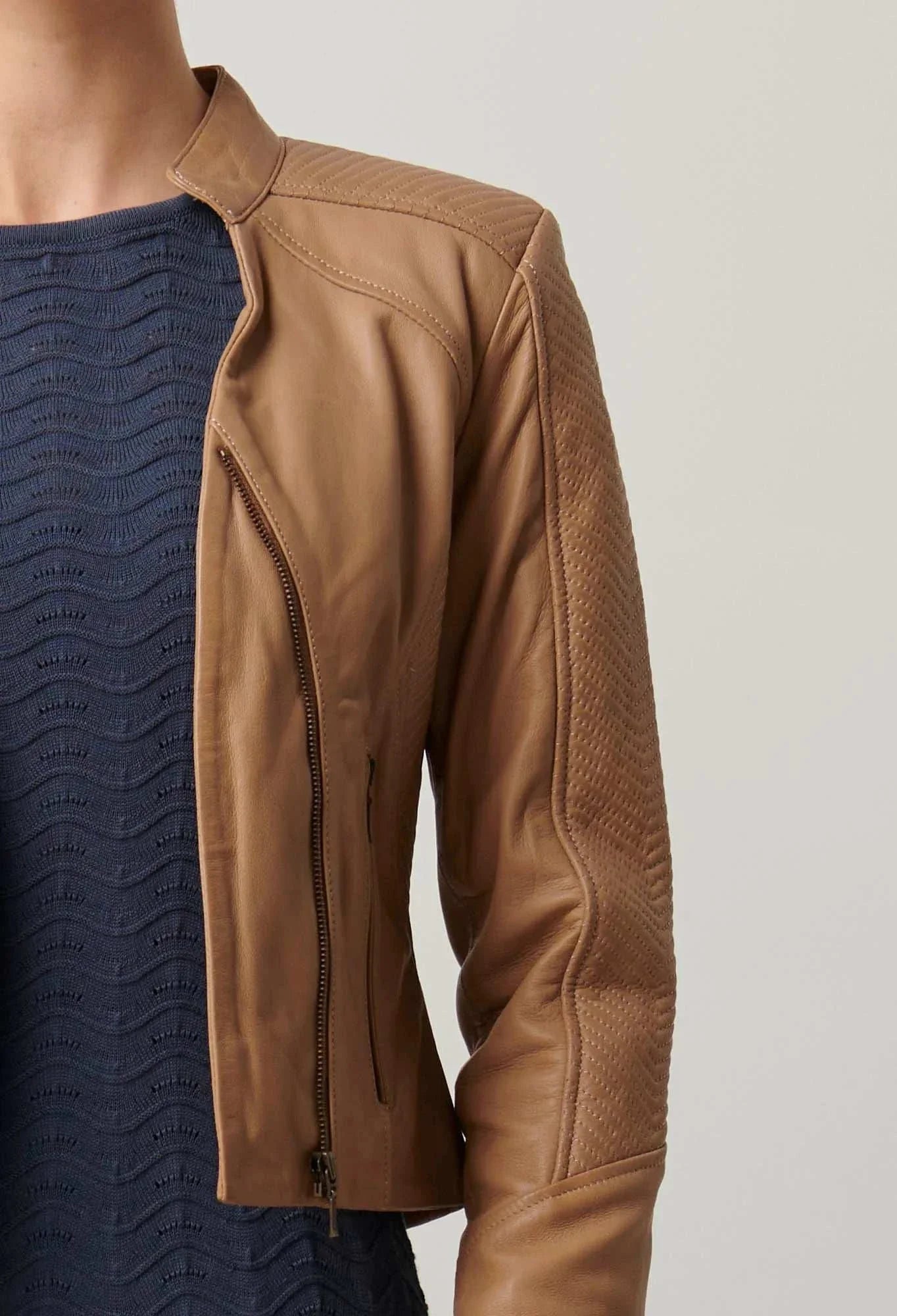 Once Was Blaire Leather Herringbone Stitch Jacket Wheat