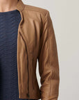 Once Was Blaire Leather Herringbone Stitch Jacket Wheat