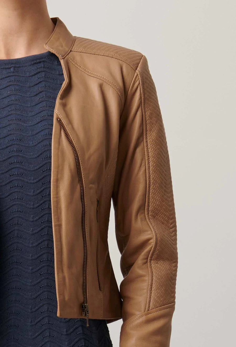 Once Was Blaire Leather Herringbone Stitch Jacket Wheat