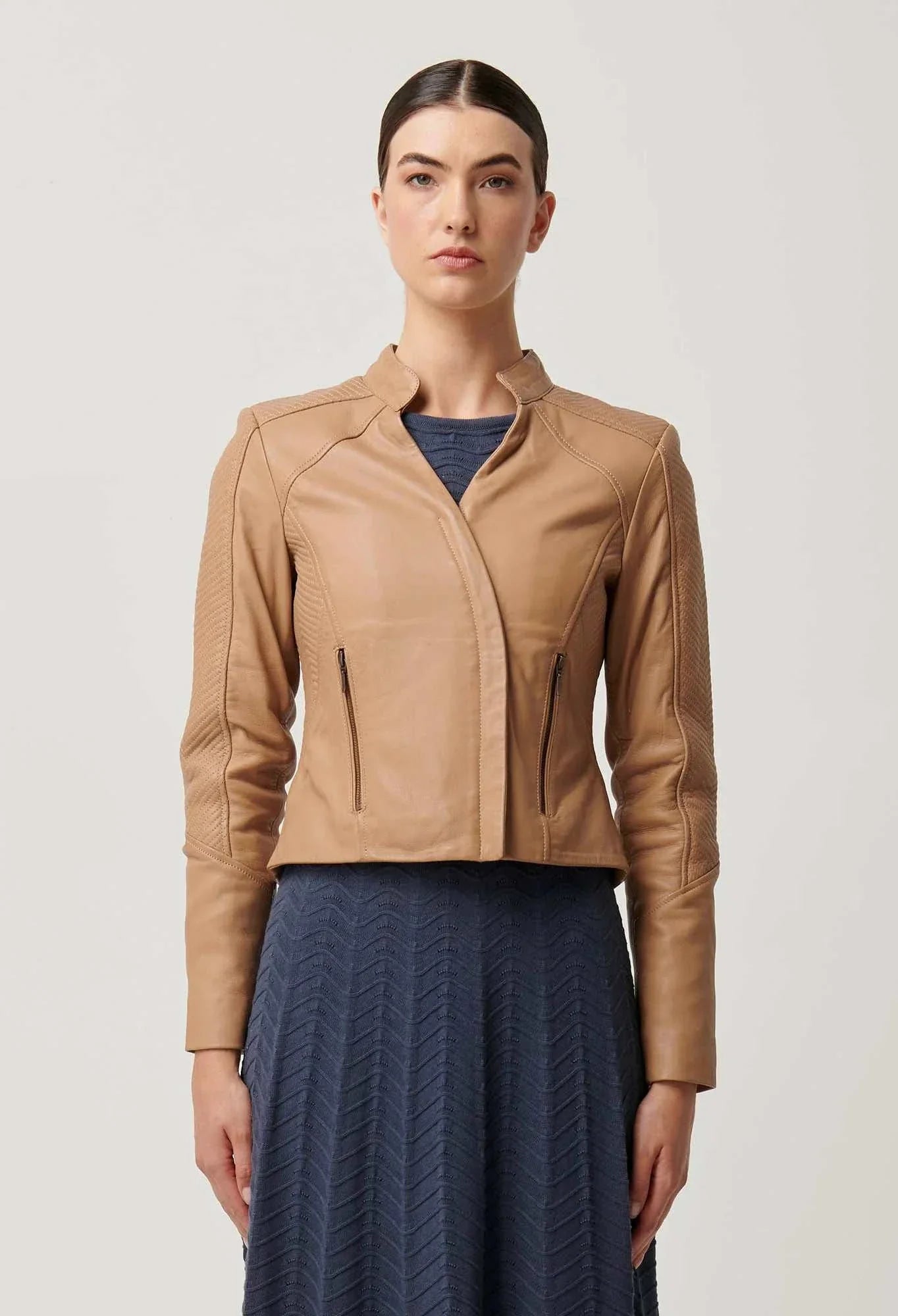 Once Was Blaire Leather Herringbone Stitch Jacket Wheat