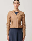 Once Was Blaire Leather Herringbone Stitch Jacket Wheat