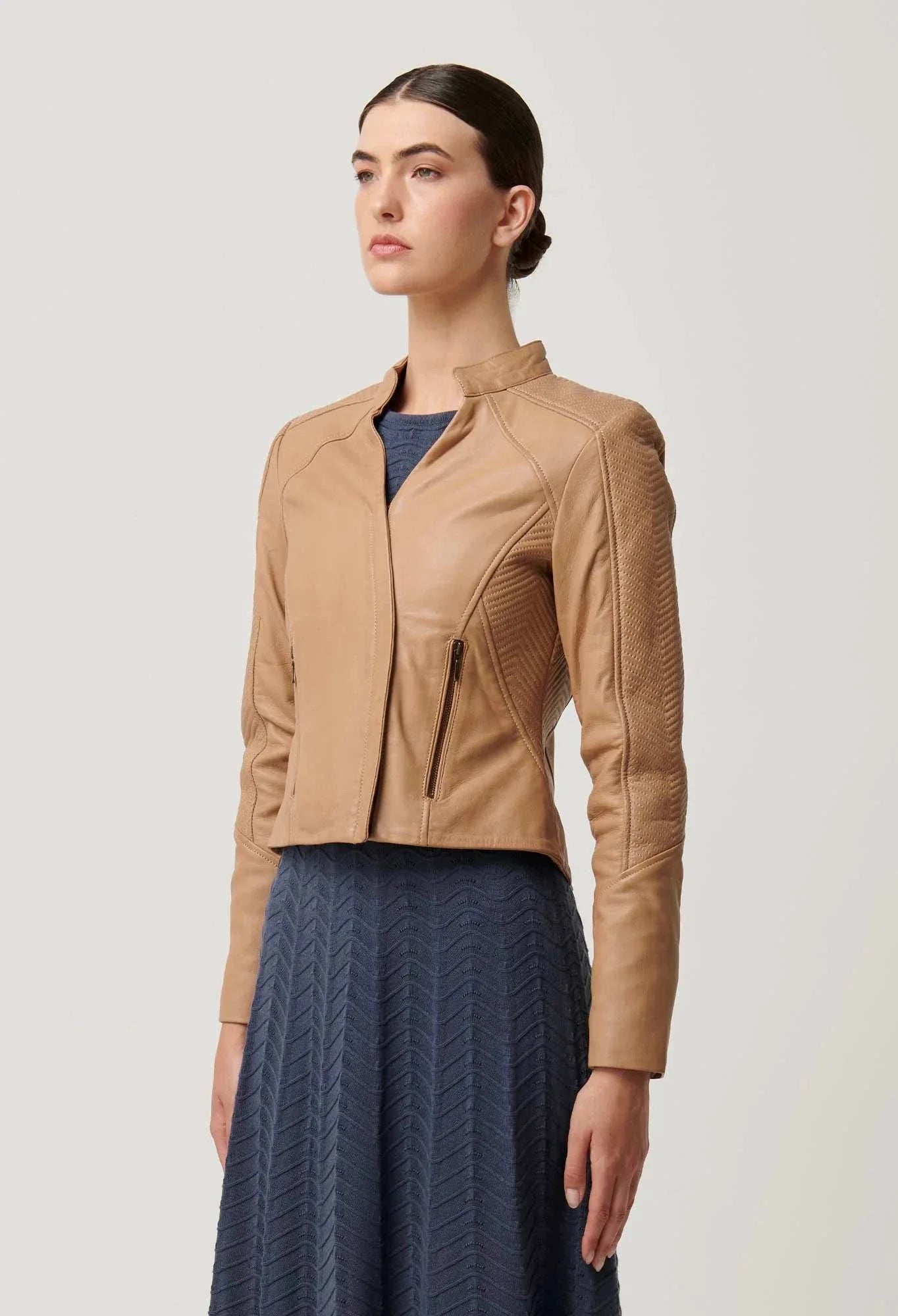 Once Was Blaire Leather Herringbone Stitch Jacket Wheat