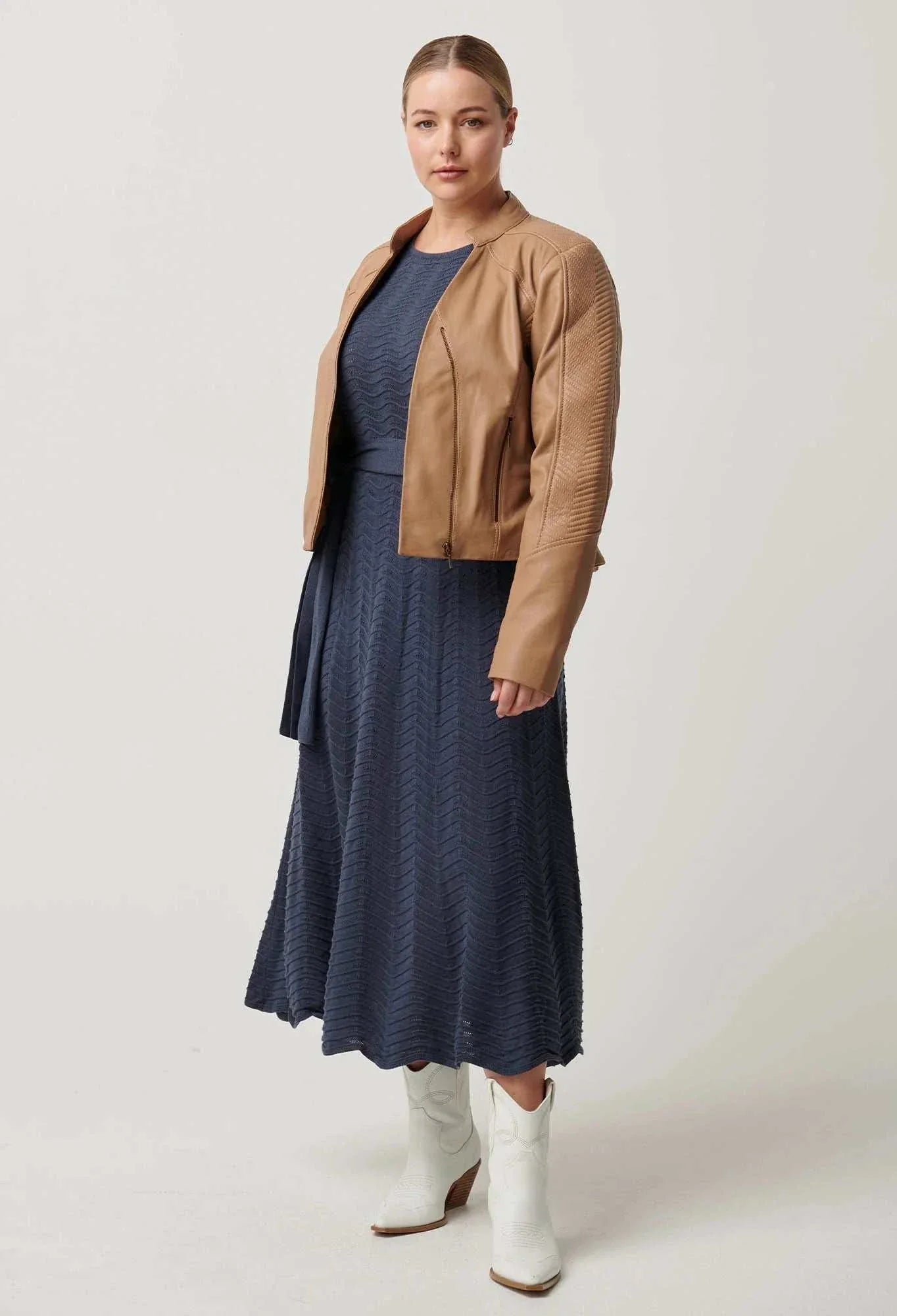 Once Was Blaire Leather Herringbone Stitch Jacket Wheat