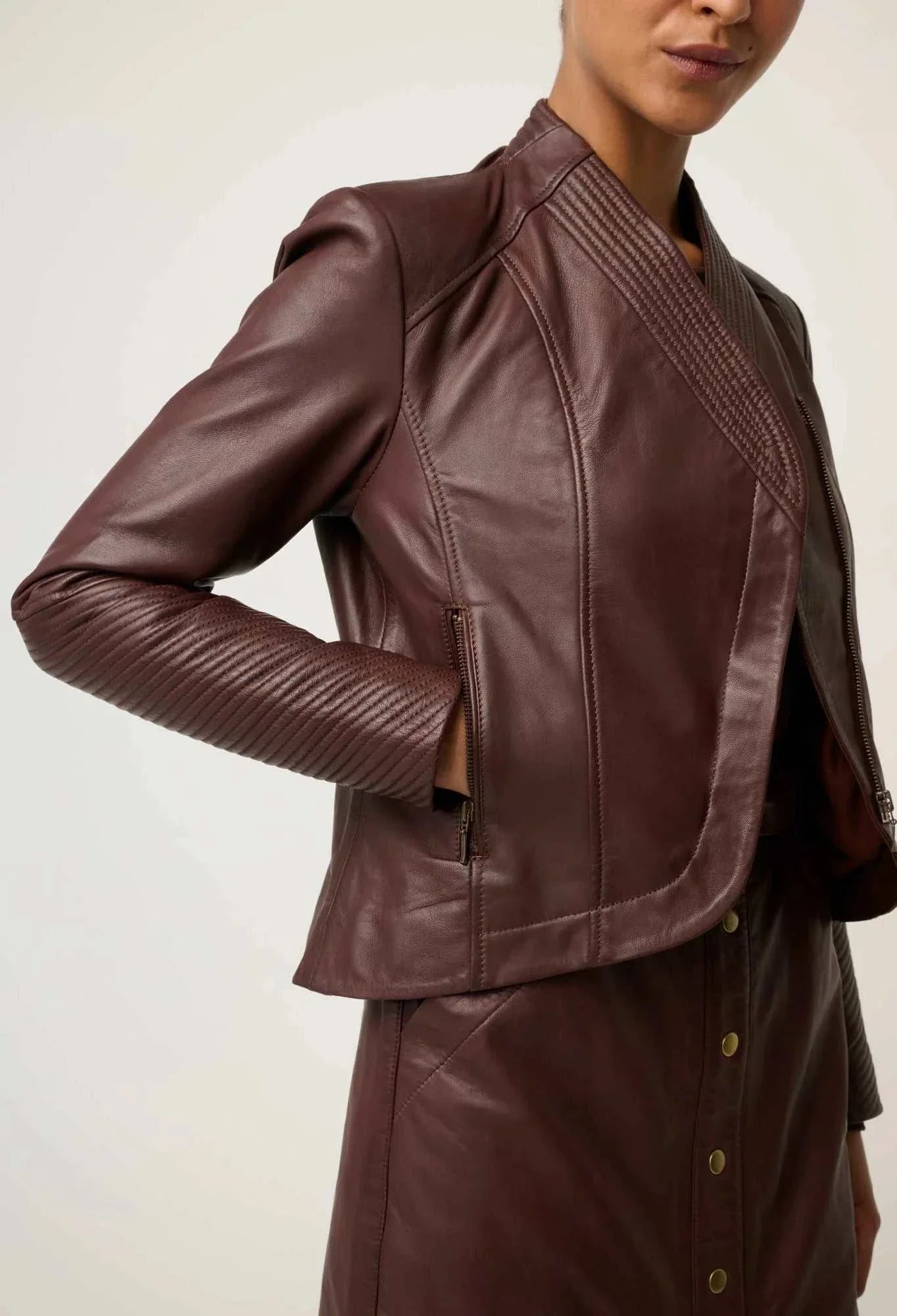 Once Was Acer Leather Collar Detail Jacket Oxblood