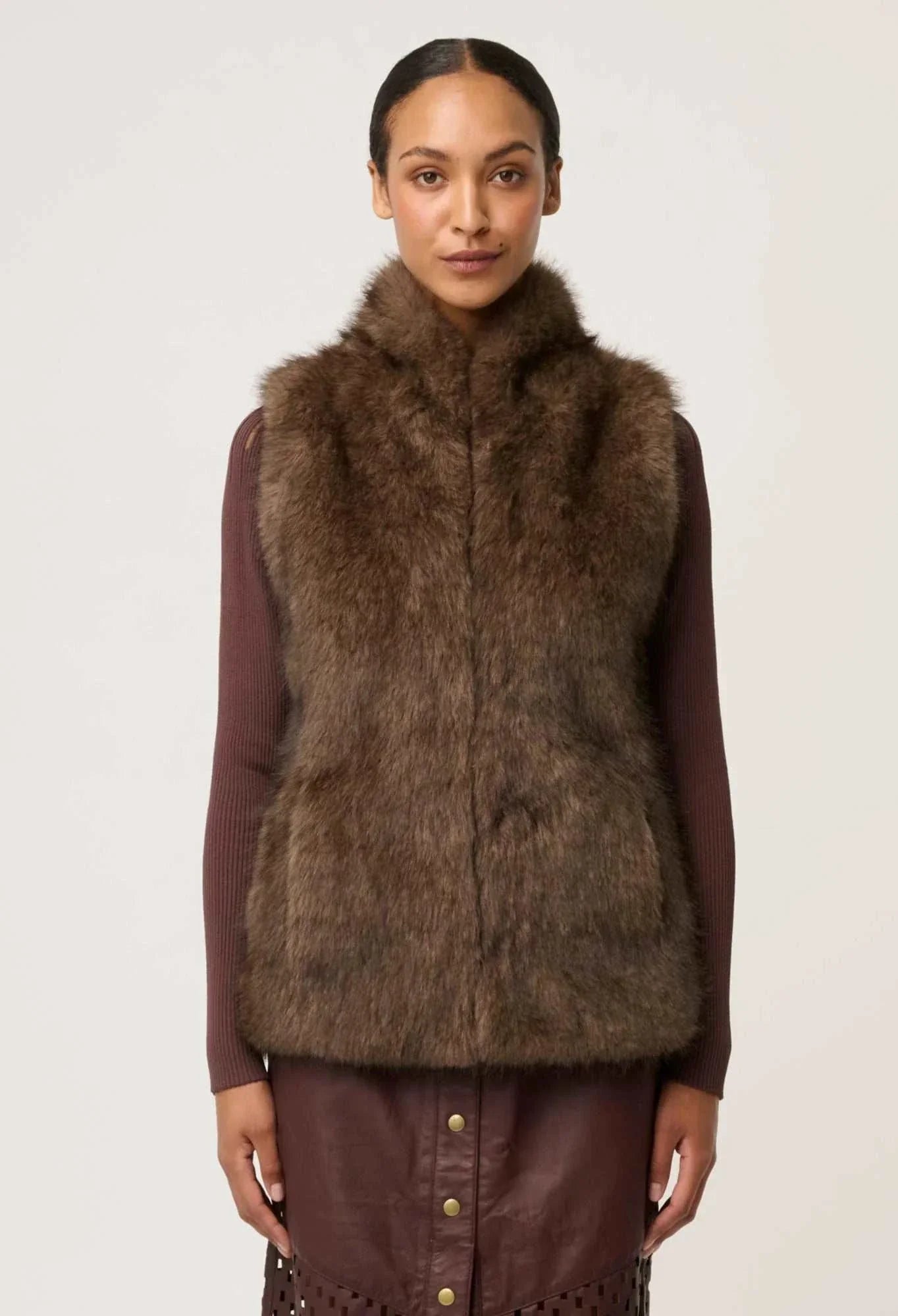 Once Was Hazel Faux Fur Vest Walnut