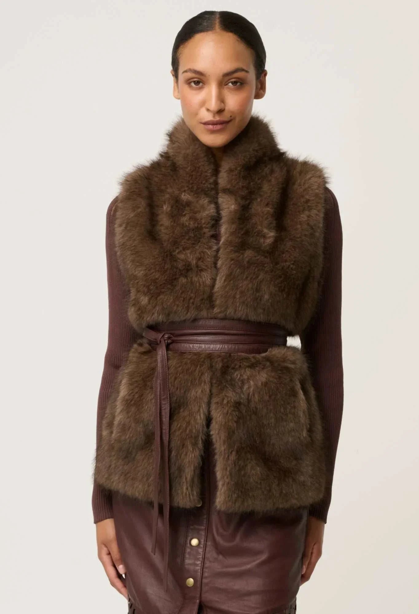 Once Was Hazel Faux Fur Vest Walnut