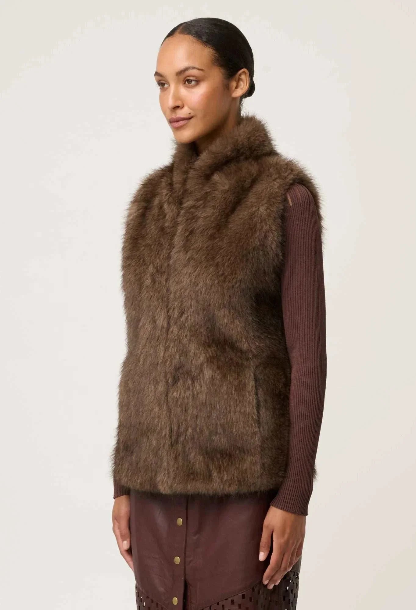 Once Was Hazel Faux Fur Vest Walnut