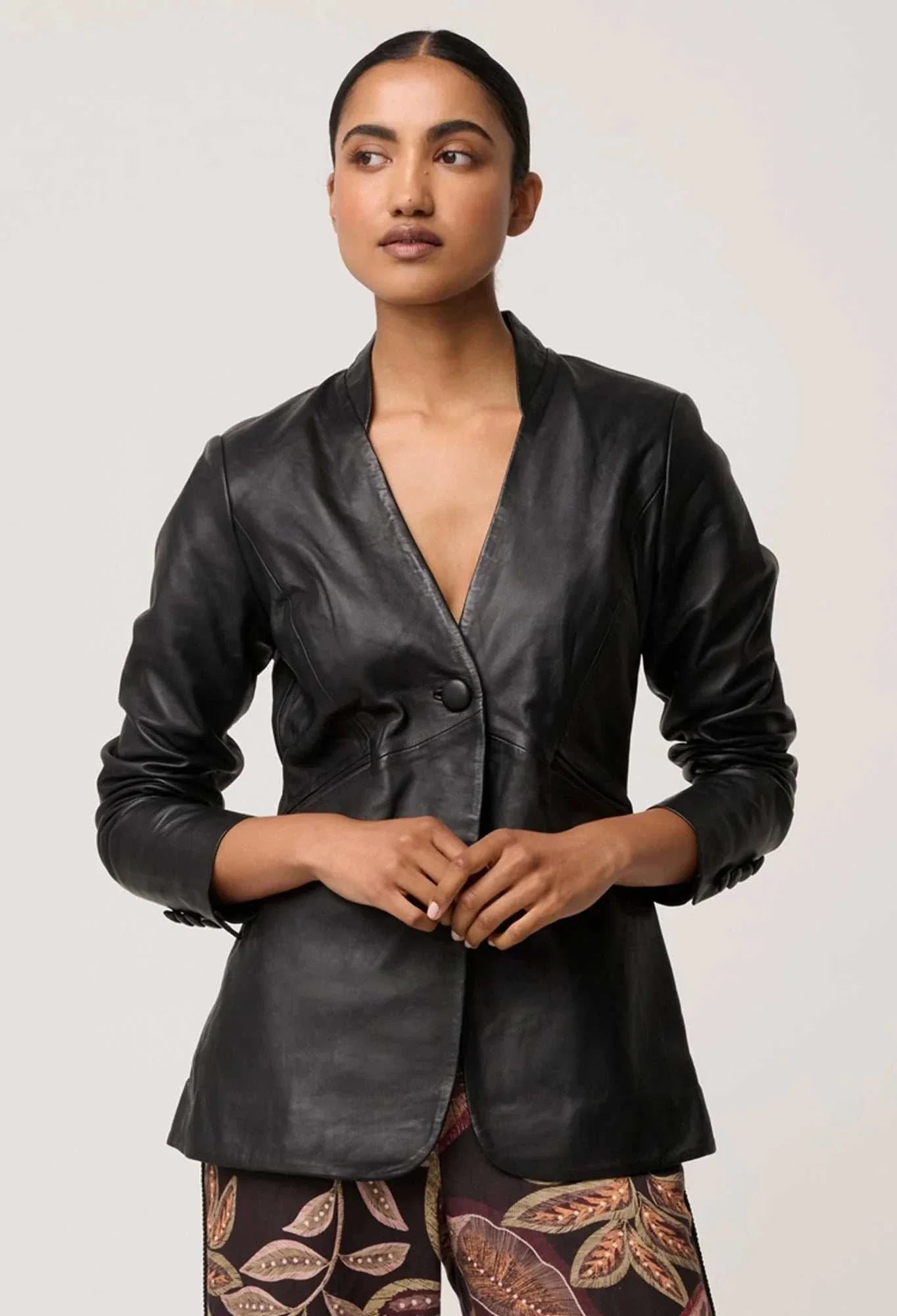 Once Was Calypso Genuine Leather Panelled Blazer Black