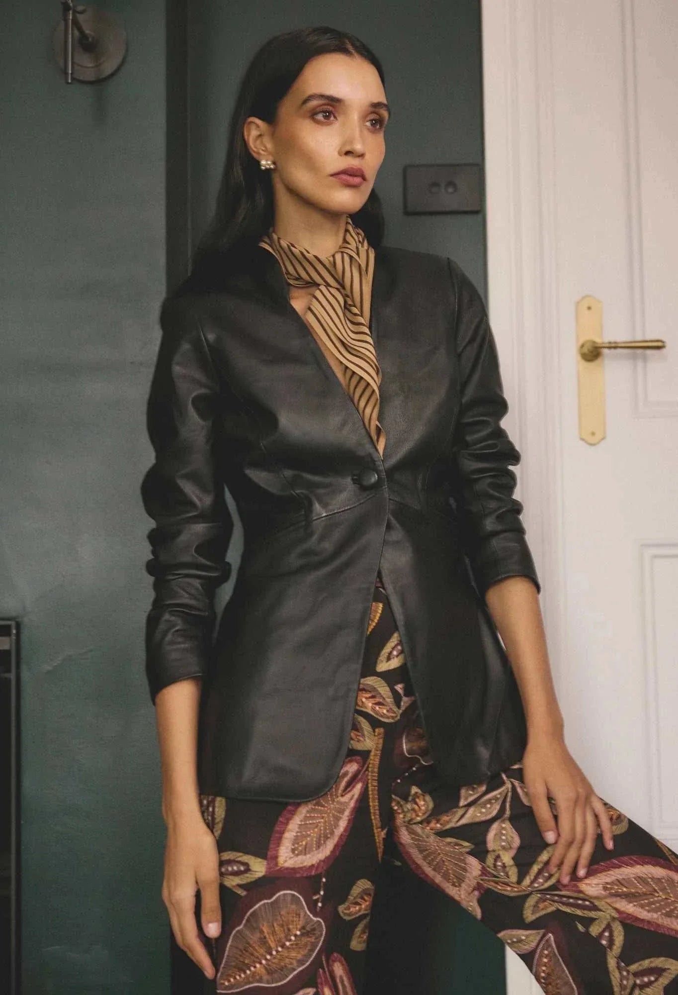 Once Was Calypso Genuine Leather Panelled Blazer Black