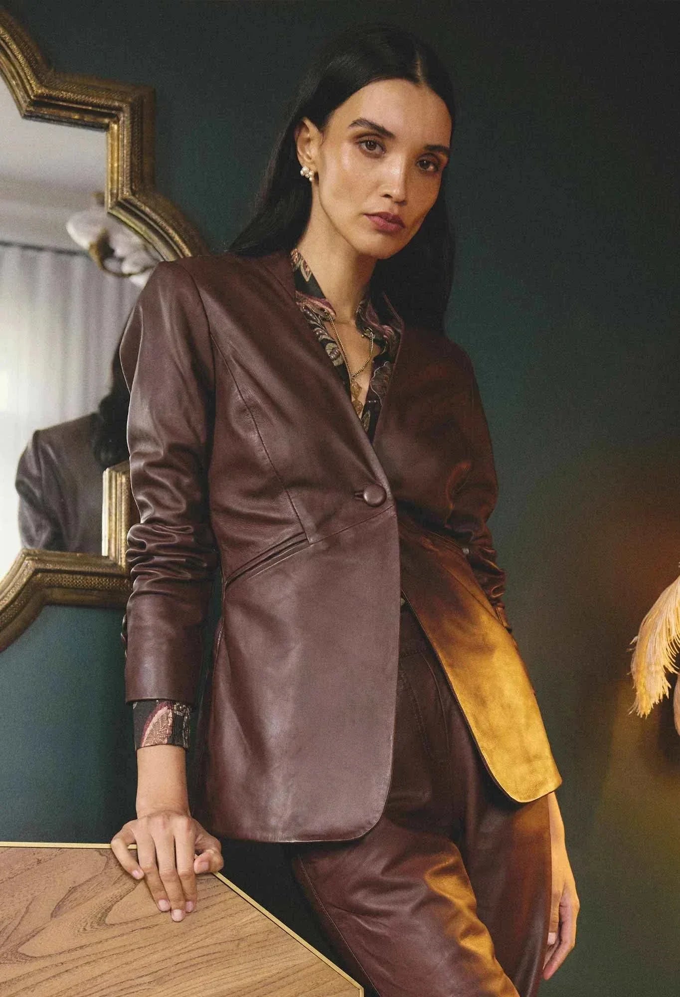 Once Was Calypso Genuine Leather Panelled Blazer Oxblood