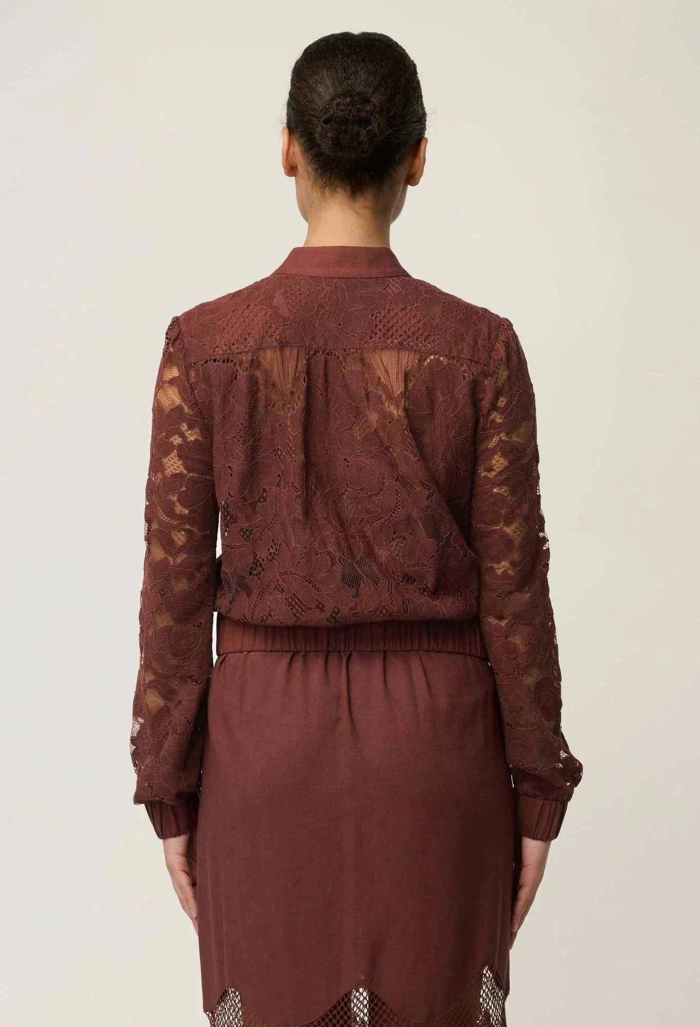 Once Was Solene Cotton Blend Lace Bomber Rosewood