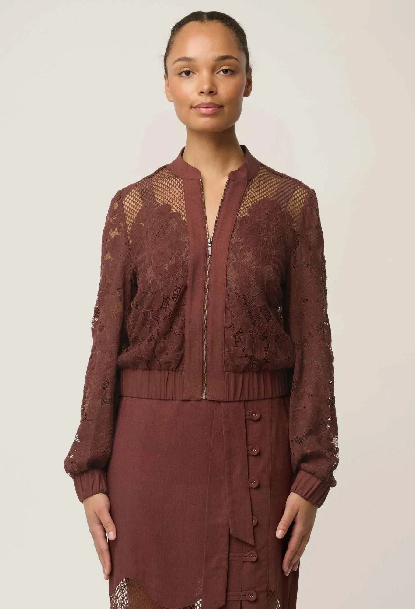 Once Was Solene Cotton Blend Lace Bomber Rosewood