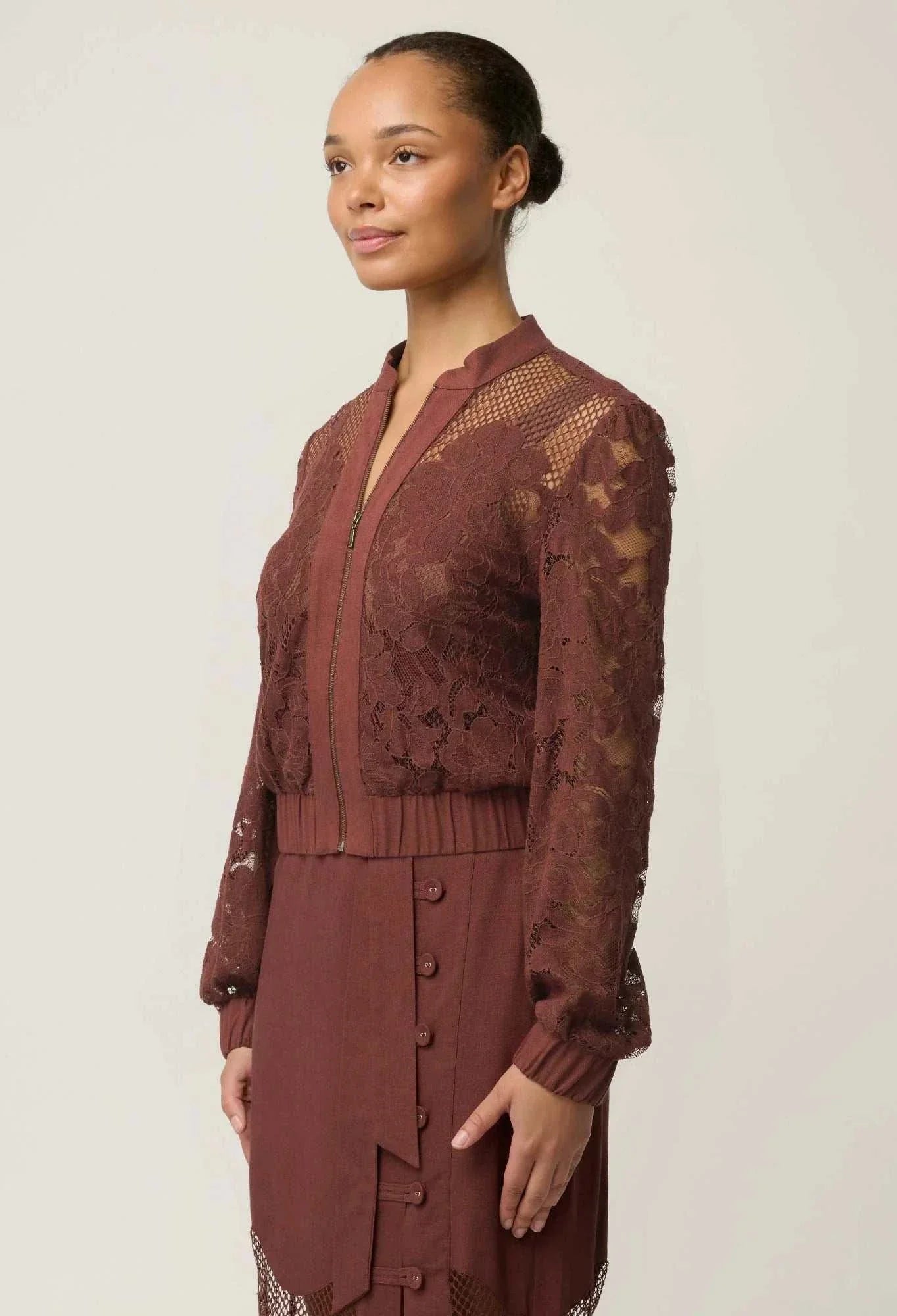 Once Was Solene Cotton Blend Lace Bomber Rosewood