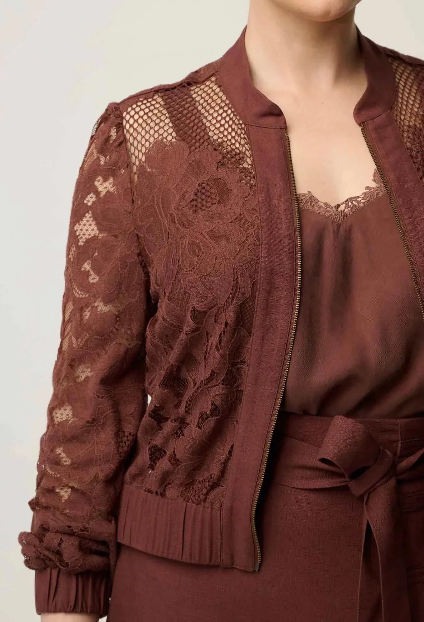 Once Was Solene Cotton Blend Lace Bomber Rosewood