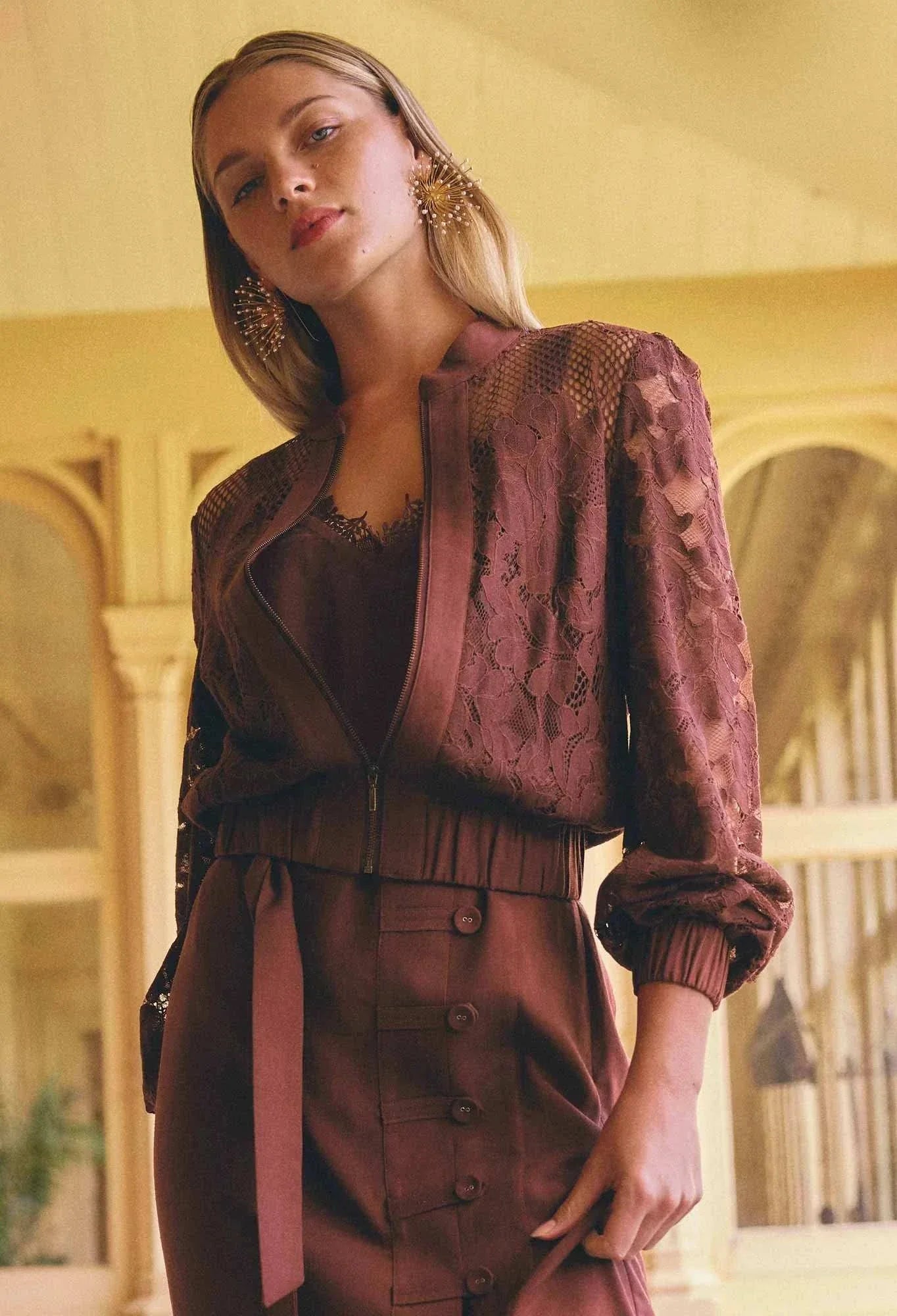 Once Was Solene Cotton Blend Lace Bomber Rosewood