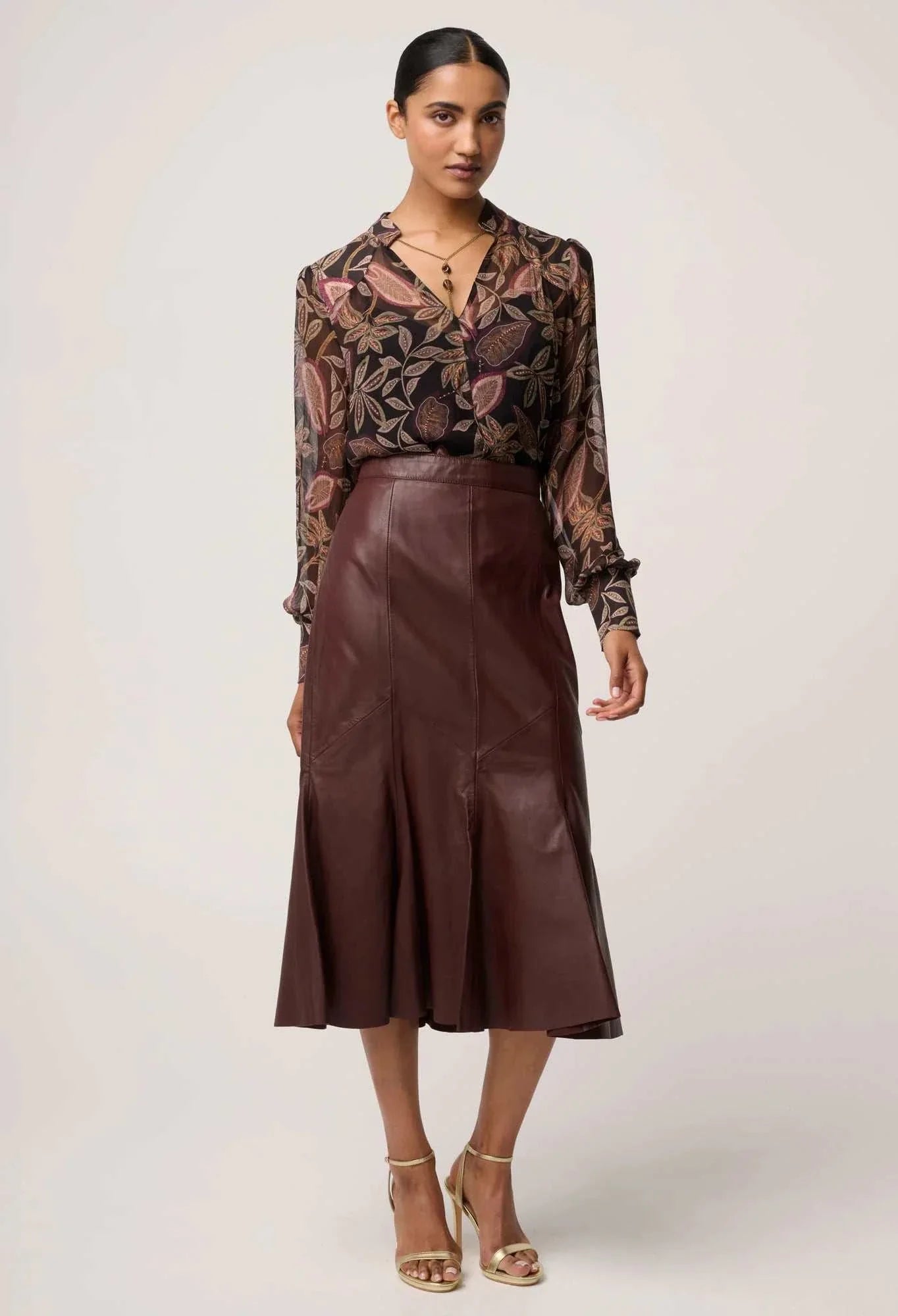 Once Was Gayle Genuine Leather Panelled Skirt Oxblood