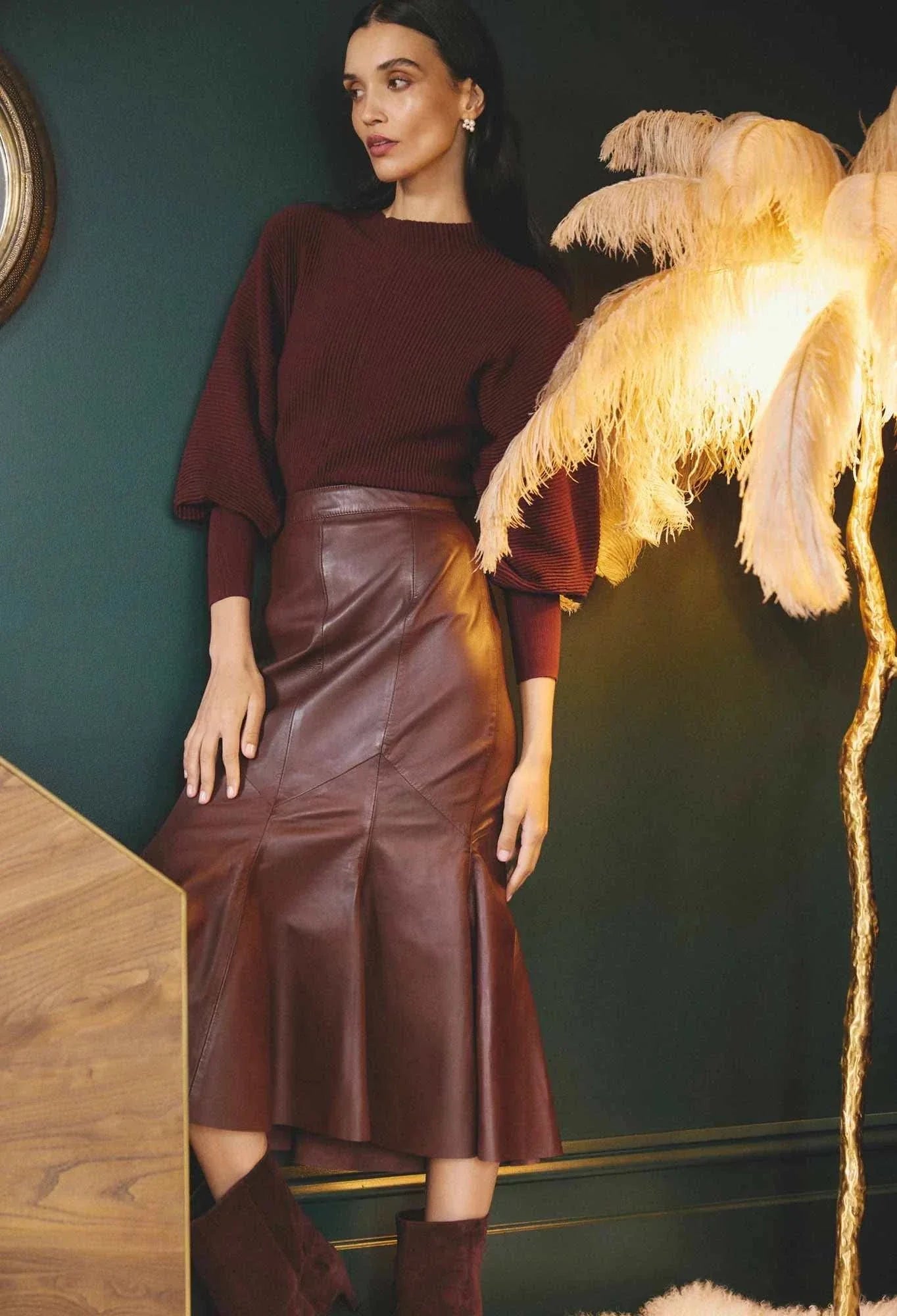 Once Was Gayle Genuine Leather Panelled Skirt Oxblood