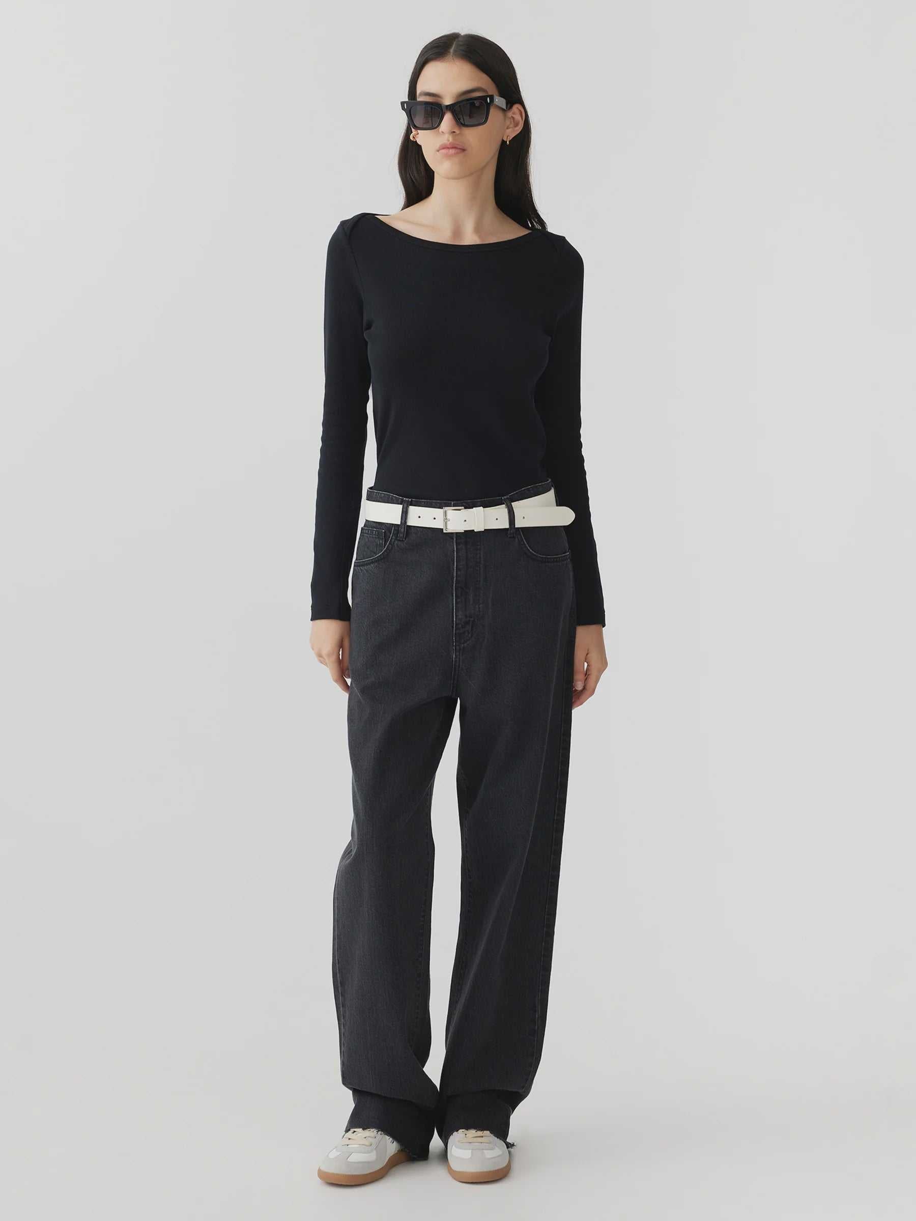 Bassike Envelope Neck Rib Long Sleeve Top Black