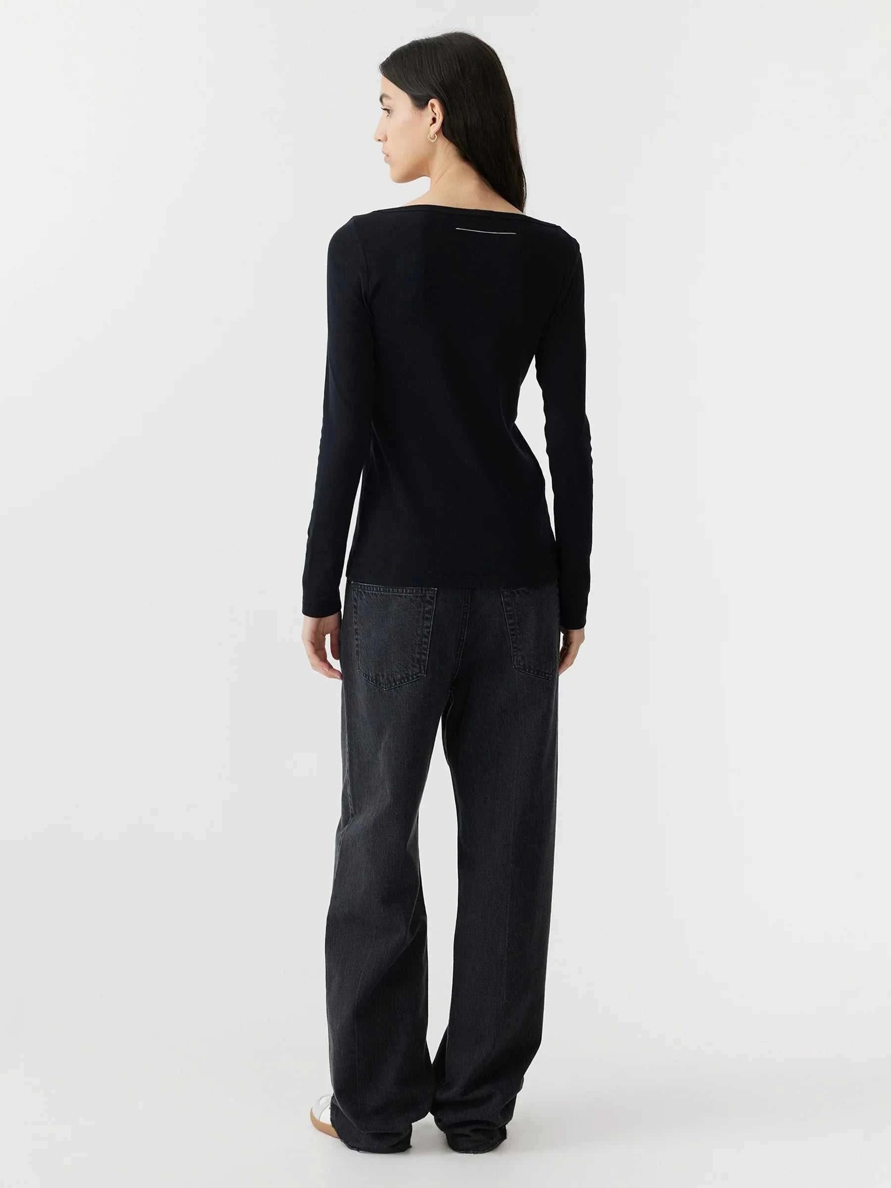 Bassike Envelope Neck Rib Long Sleeve Top Black